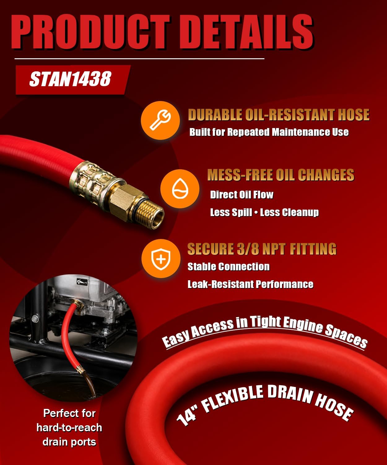 3/8" NPT Oil Drain Hose STAN1438 Replacement 14 Inch Engine Oil Drain Hose Heavy Duty Brass Fitting Reinforced Rubber Fits Tecumseh Kohler Briggs Riding Mower Lawn Tractor