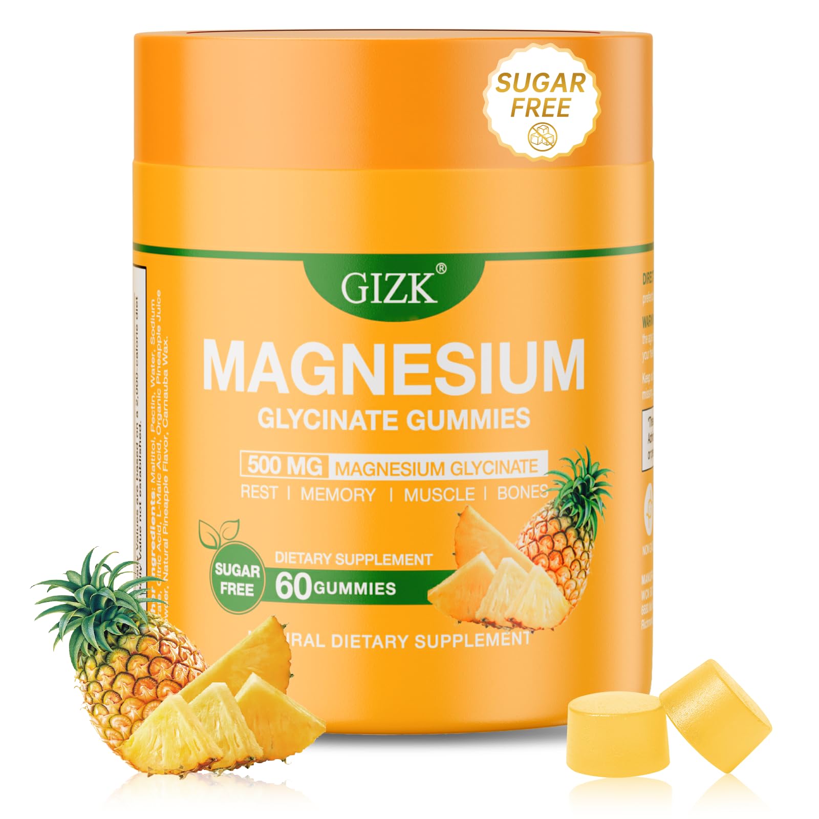 Magnesium Glycinate Gummies 500mg – Sugar Free Magnesium Gummies for Sleep, Stress, Muscle & Nerve Support – for Adults & Kids 4+, Vegan, No Melatonin (Pineapple Flavor, 60 Count) Pineapple 60 Count (Pack of 1)