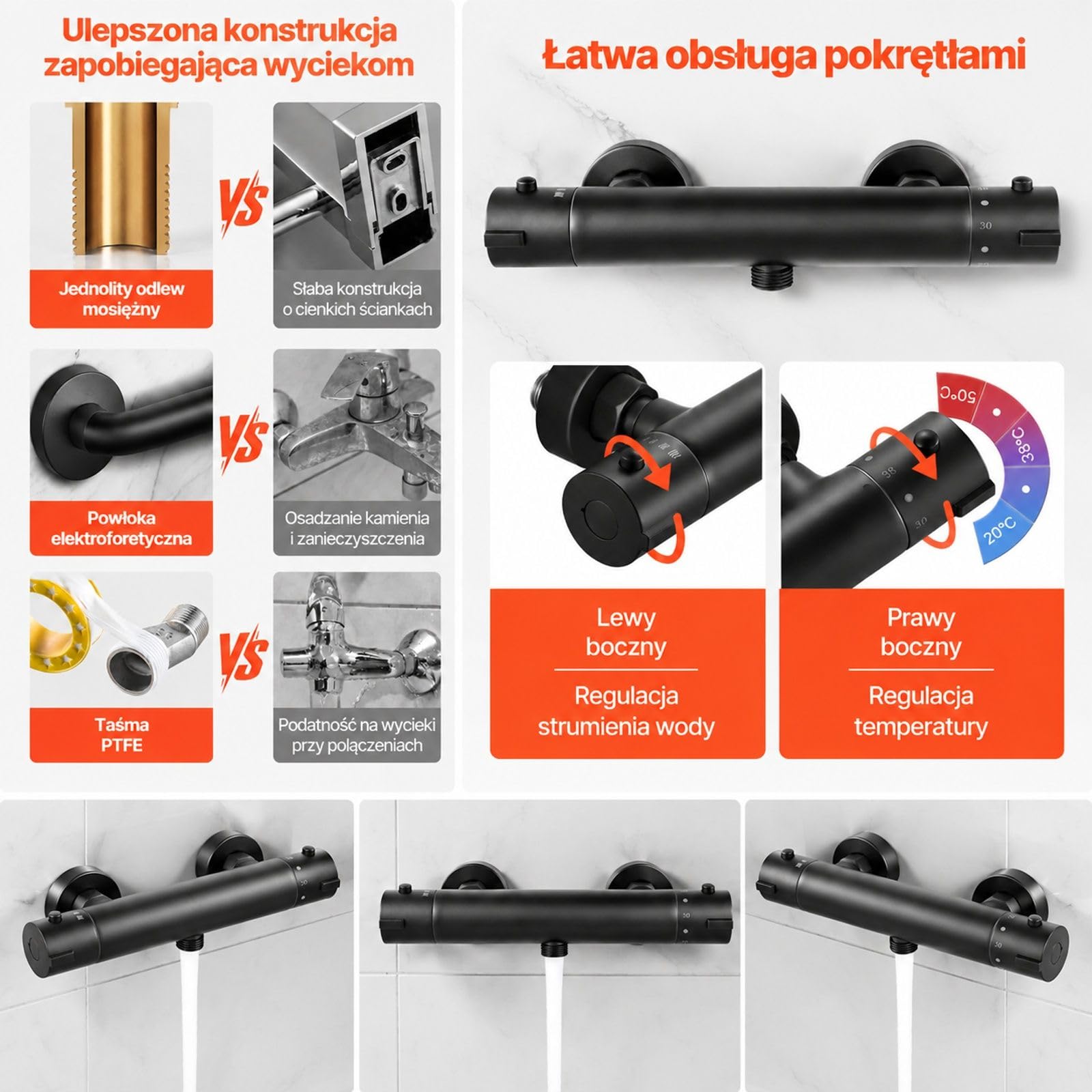 Termostatyczna bateria prysznicowa z mosiądzu w matowej czerni, montaż ścienny do łazienki, kampera i hotelu