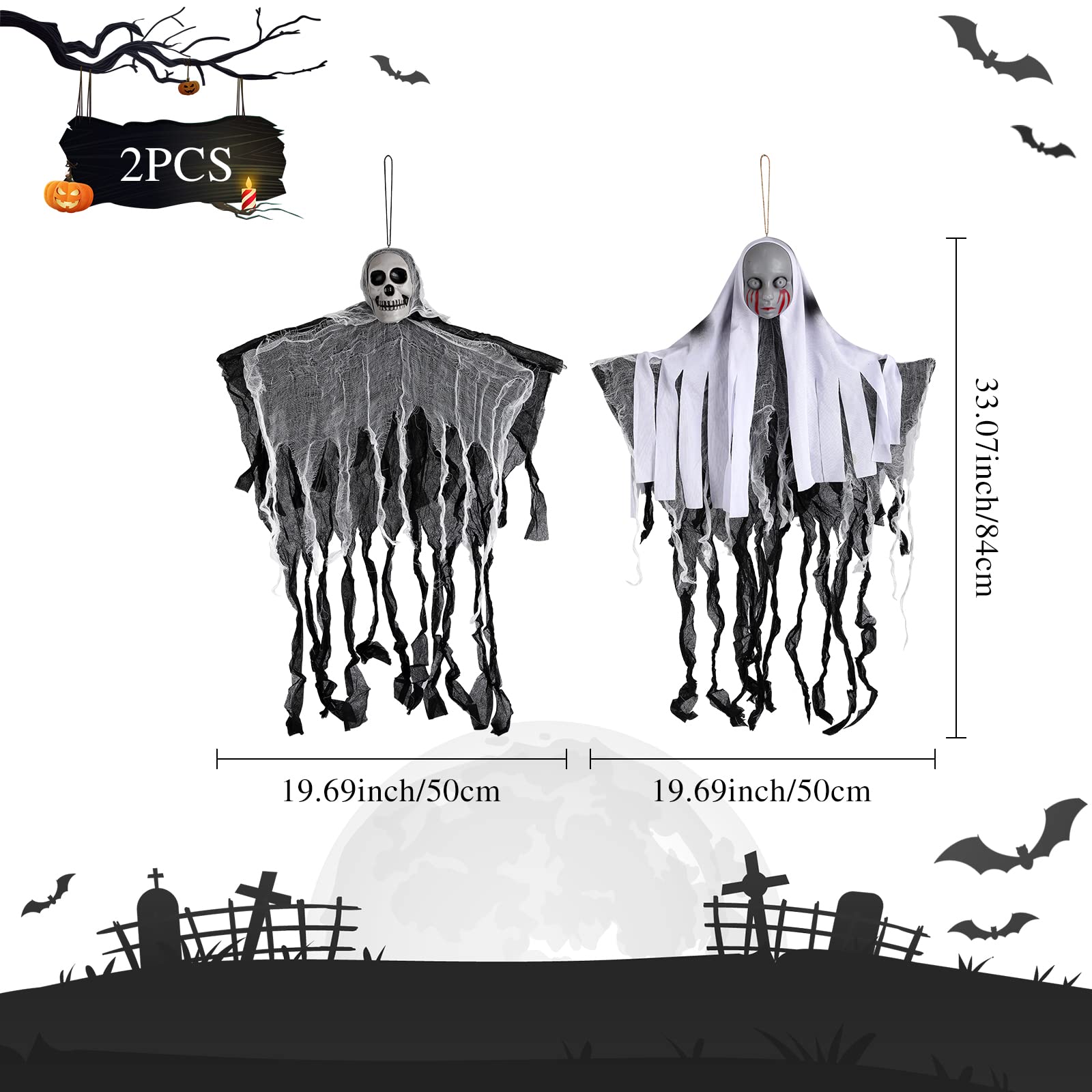 2 Squelettes Suspendus Halloween 80x75cm - Fantômes Avec Chaînes, Blanc & Noir - Décoration Effrayante Maison/jardin - 2