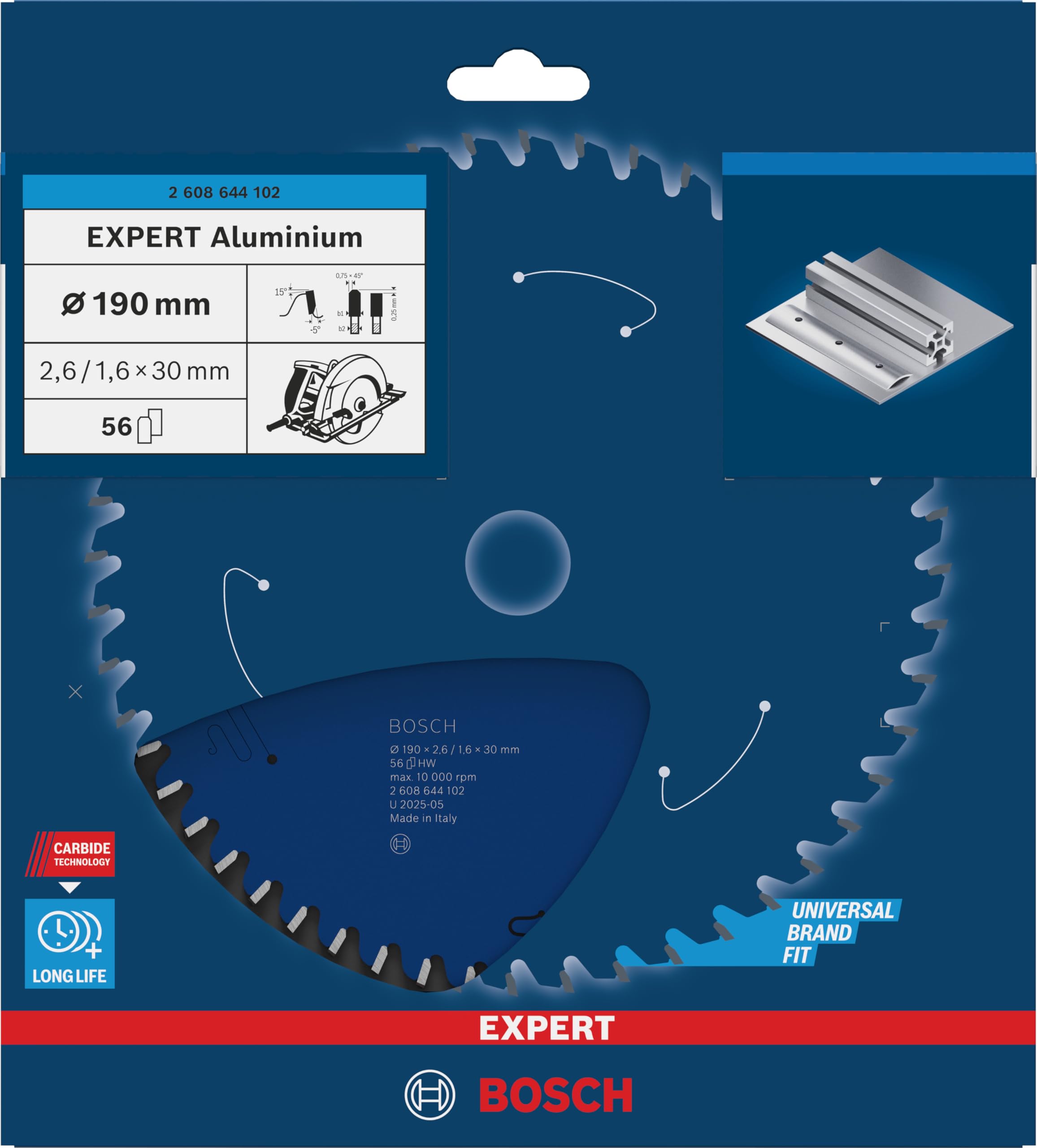 Bosch Professional 2608644102 Lame de Scie circulaire expert pour Aluminium 190 x 30 x 2,6 mm 56 Bleu