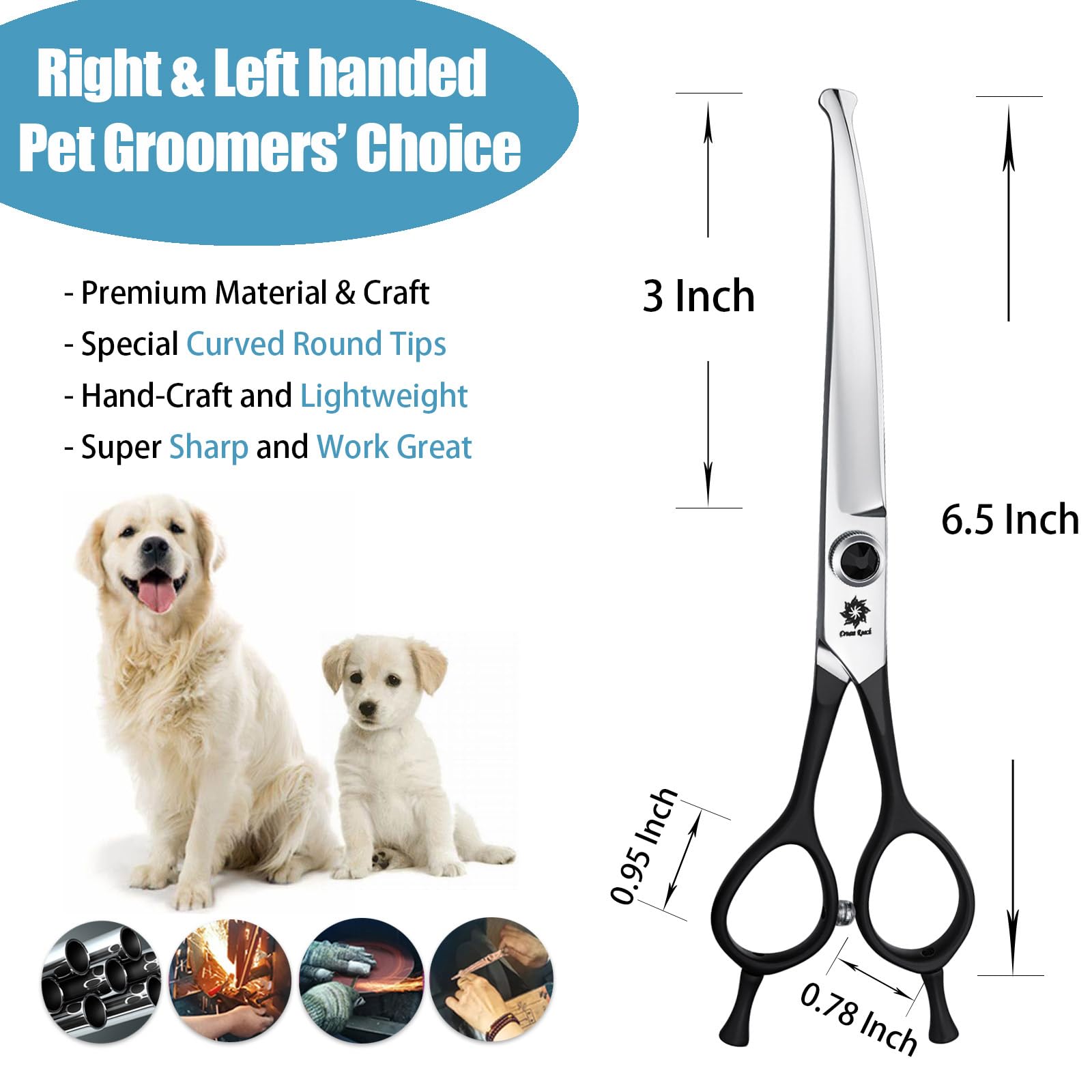 Dream Reach Tijeras Profesionales para Peluquería Canina, Curvas para Perros de 6.5 Pulgadas, Manubrio Ergonómico, Acero Inoxidable 440C, Seguras para Pelo de Perros y Gatos - Negro
