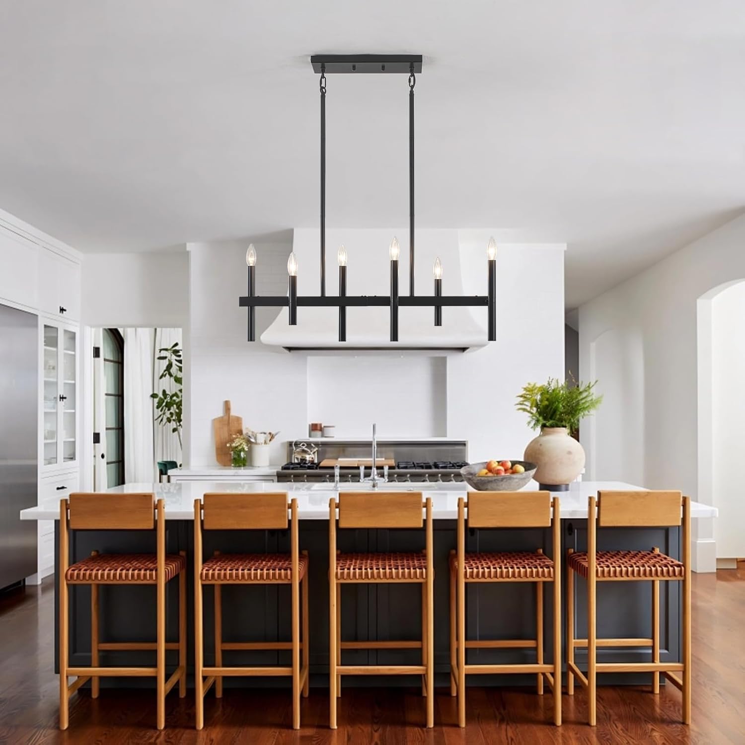 Kitchen Island Lighting 6 Lights 31.89" L Black Chandeliers for Dining Room Light Fixture Linear Chandeliers Over Table Rectangle Farmhouse Pendant Lighting Fixtures Hanging for Living Room Entryway