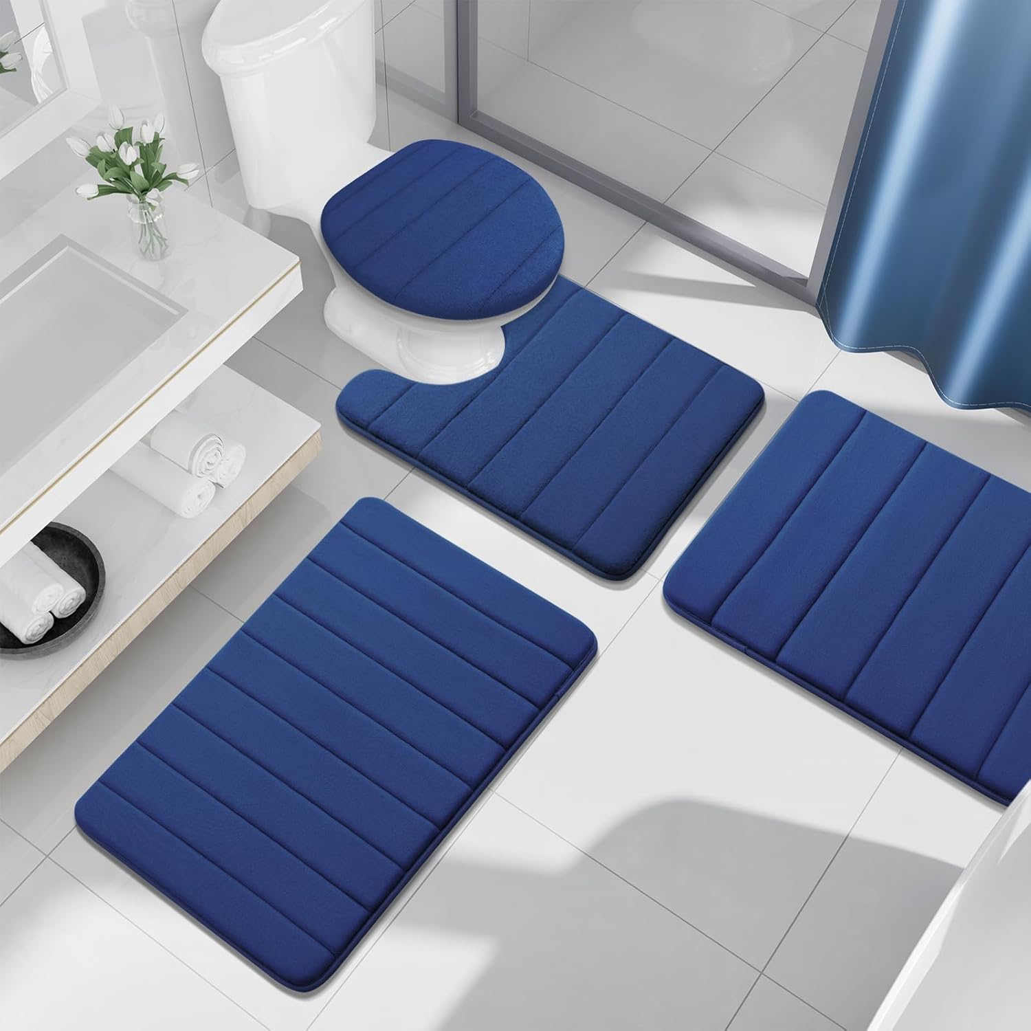 Buganda Bathroom Mat Set, 2 Piece Memory Foam Bath Mat and U-Shaped Toilet Rug, Machine Wash Dry, Soft Non Slip Absorbent Bath Rug for Bathroom, Shower and Tub (36" x 24"+24" x 20", Navy)