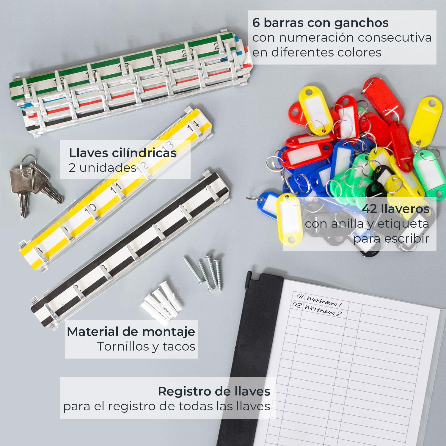 HMF Armario para Llaves de Acero, Caja de Llaves con Cerradura para Oficina, administración o Flota de vehículos | 42 Ganchos para Llaves | 35 x 27 x 8 cm | Gris Claro
