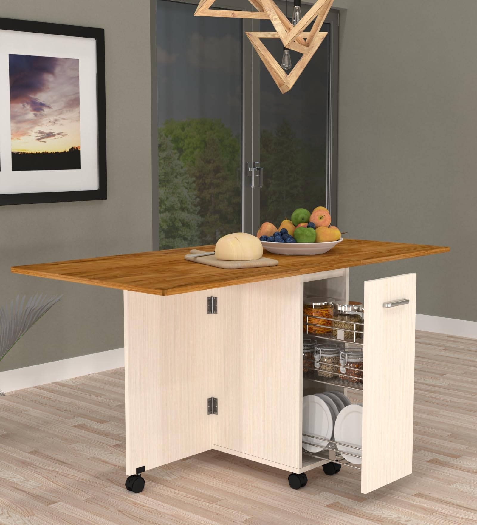 SPECIALITY PANELS Folding Dining Table with Storage Cabinet, 6 Seater, Wood Top with Cream Base, 149x74x76 cm, Rolling Kitchen Island with Wheels