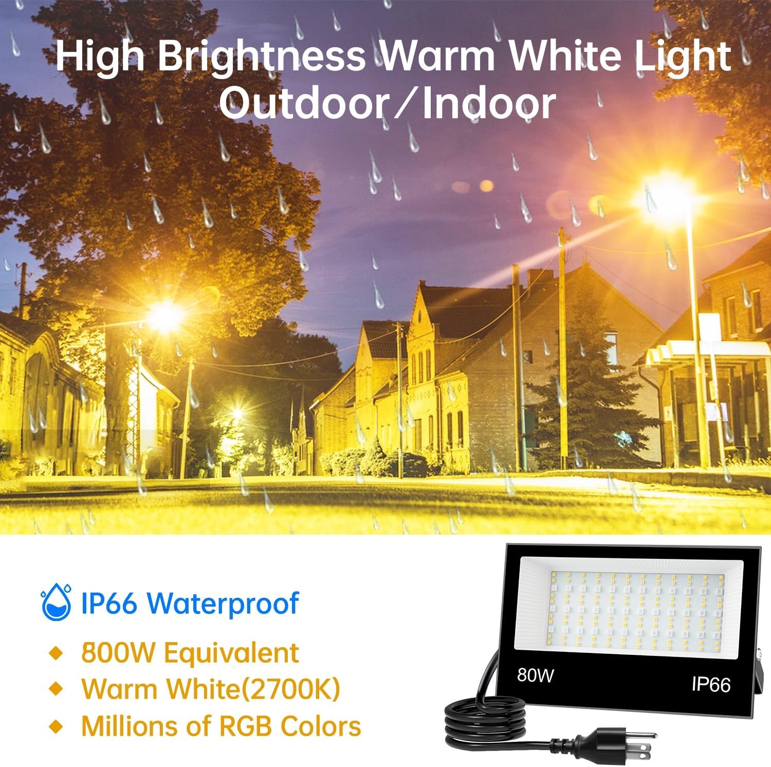 FastDeng LED Flood Light Outdoor 80W RGB Color Changing, Smart Floodlights RGBW 2700K 8000LM Warm White & 16 Million Colors, 43 Modes Stage Lights, Grouping, Timing, IP66 Waterproof (2 Pack)