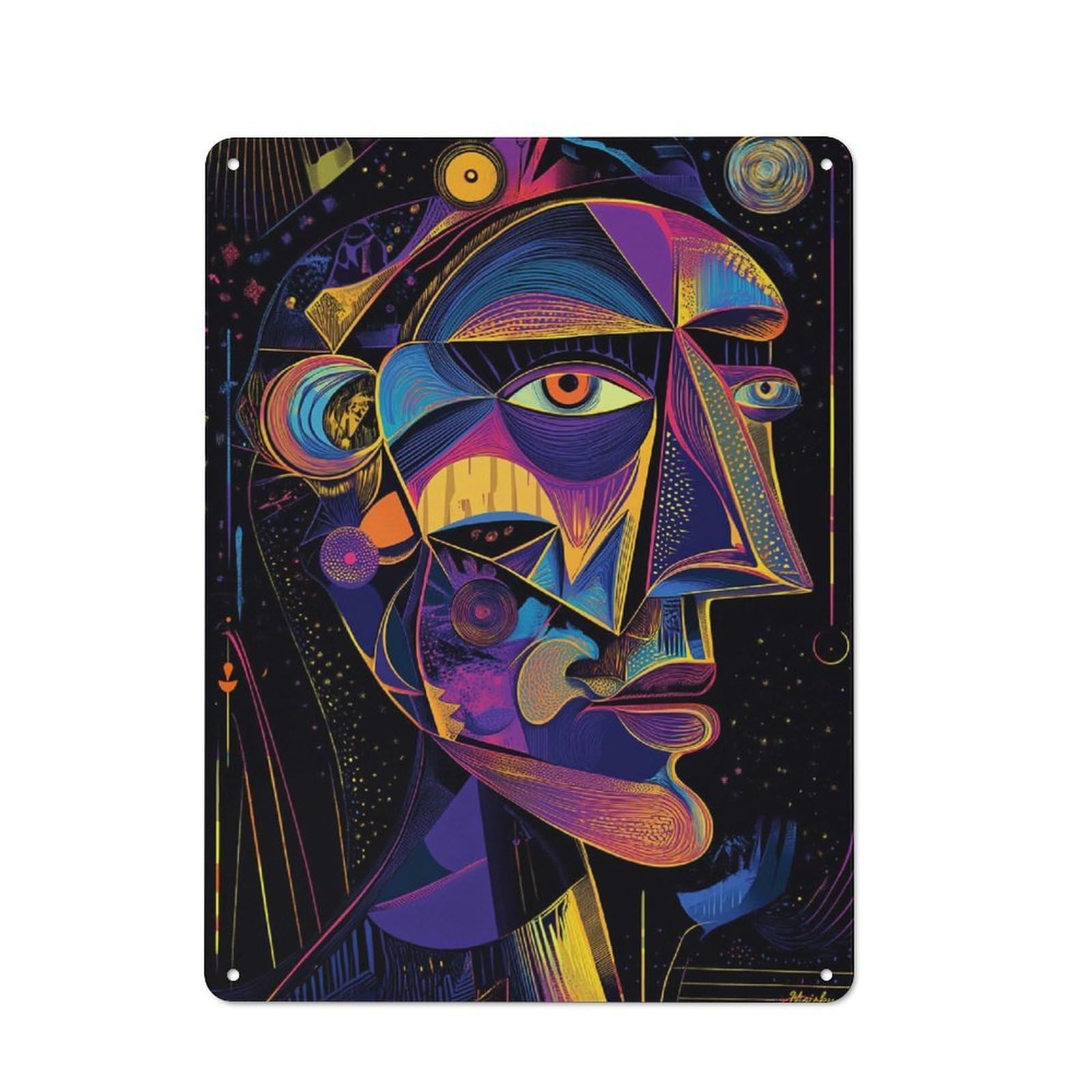 Junmoney Futuristic Abstract Vision – Neon Cubist Port Rait Printed Metal Sign 40X30cm For Man Cave Or Games Room, Suited To Man Cave Decor Fans