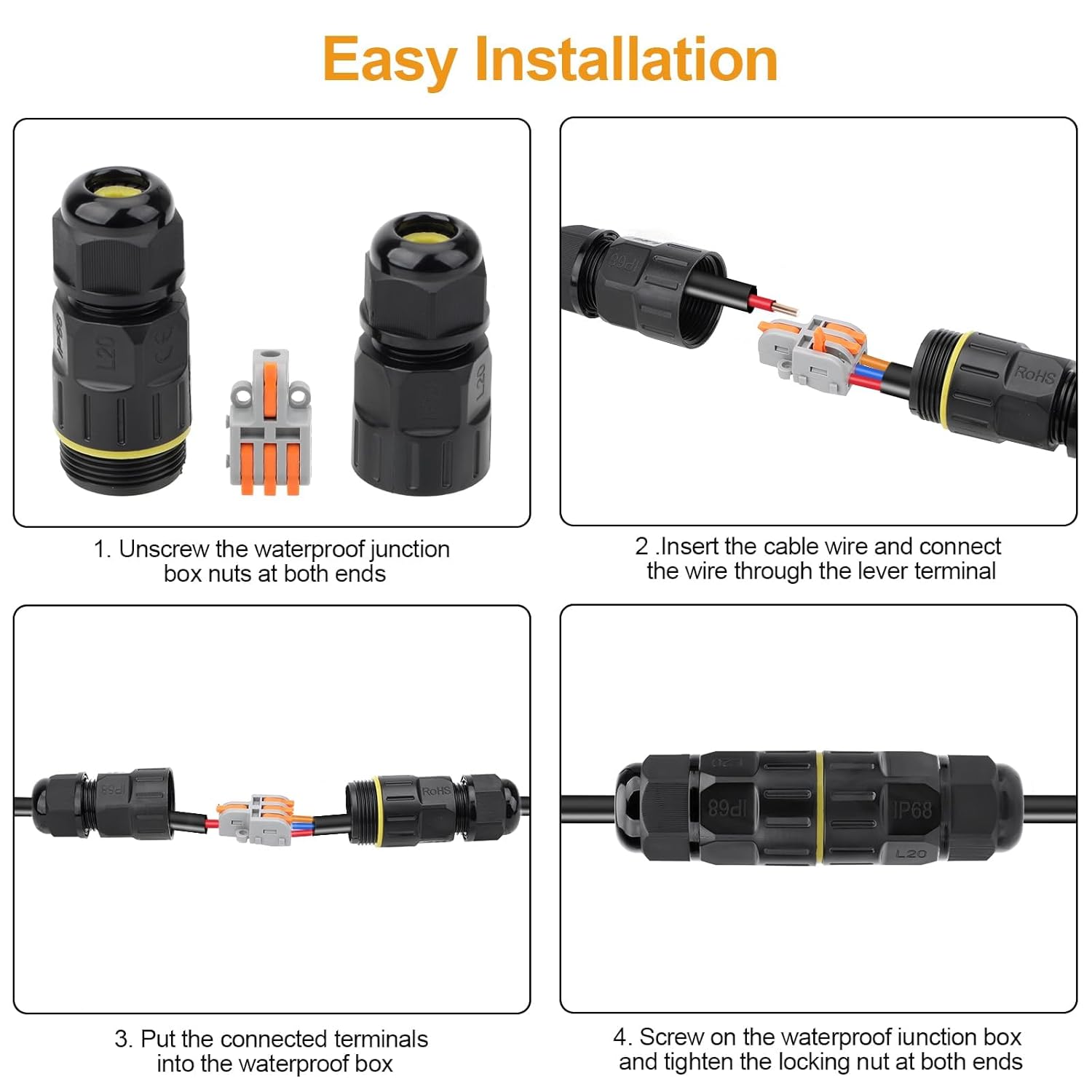 Linkstyle 10-Pack IP68 Waterproof 2 Pin Electrical Cable Connector, Outdoor 2 Way Junction Box 4-10mm Adjustable Wire Box, with Replaceable 1 in 2 Out Lever Wire Connectors for AWG 28-12