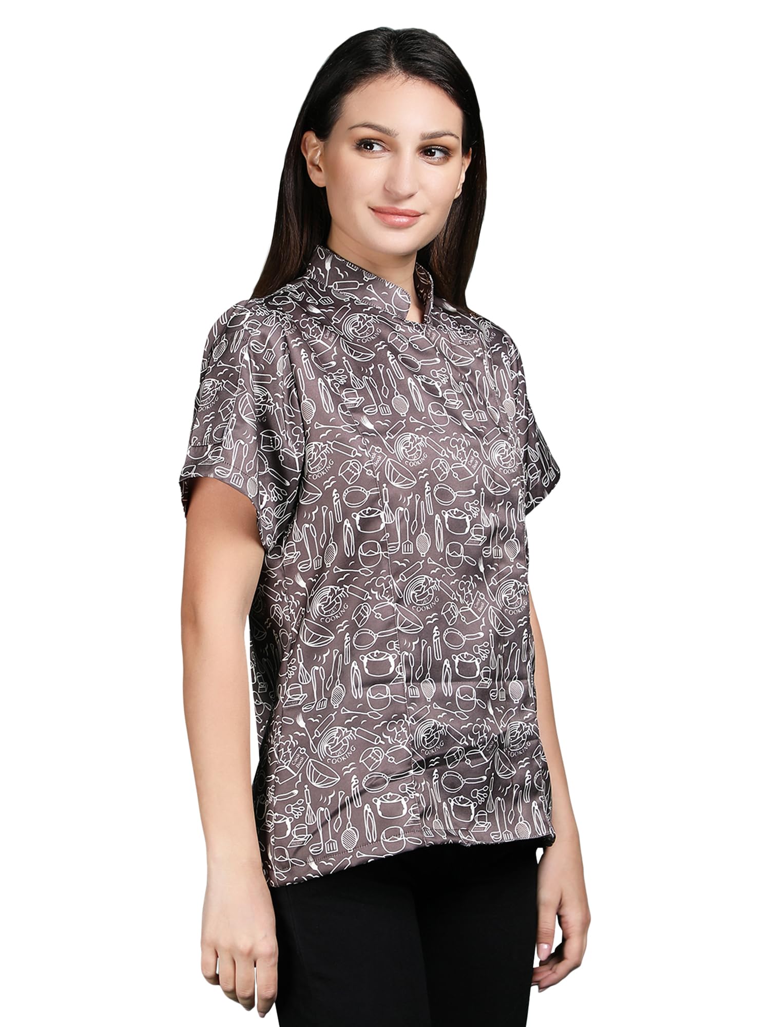 Short Sleeves Printed Chef Coat Jacket Uniform for Women for Food Service, Caterers, Bakers and Culinary Professional (Kitchen Utensils Printed, X-Large)