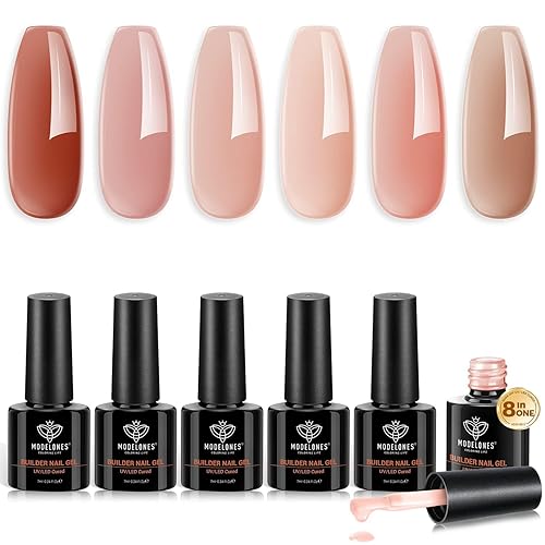 modelones Builder - Gel de uñas de 6 colores para uñas 8 en uno, rojo, rosa, nude, gel duro, extensión de gel fortalecedor de uñas, lámpara LED de