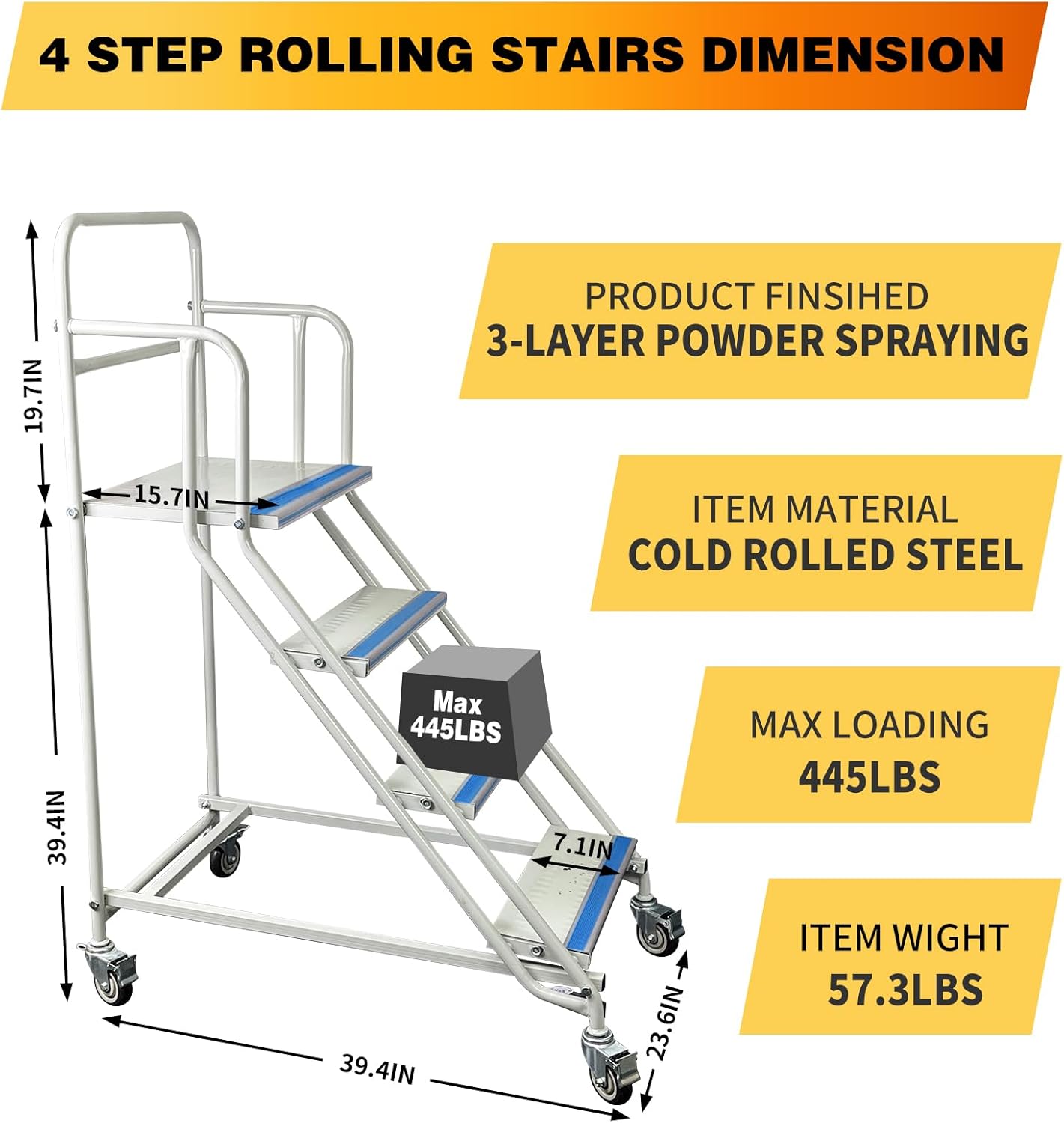 4 step rolling stairs with wheels, industrial & warehouse 4-step stairs, non-slip rolling steps with stair edge protector, easy to move rolling steps for goods shelves, 23.6"x59.1", 445lbs capacity 4steps-1