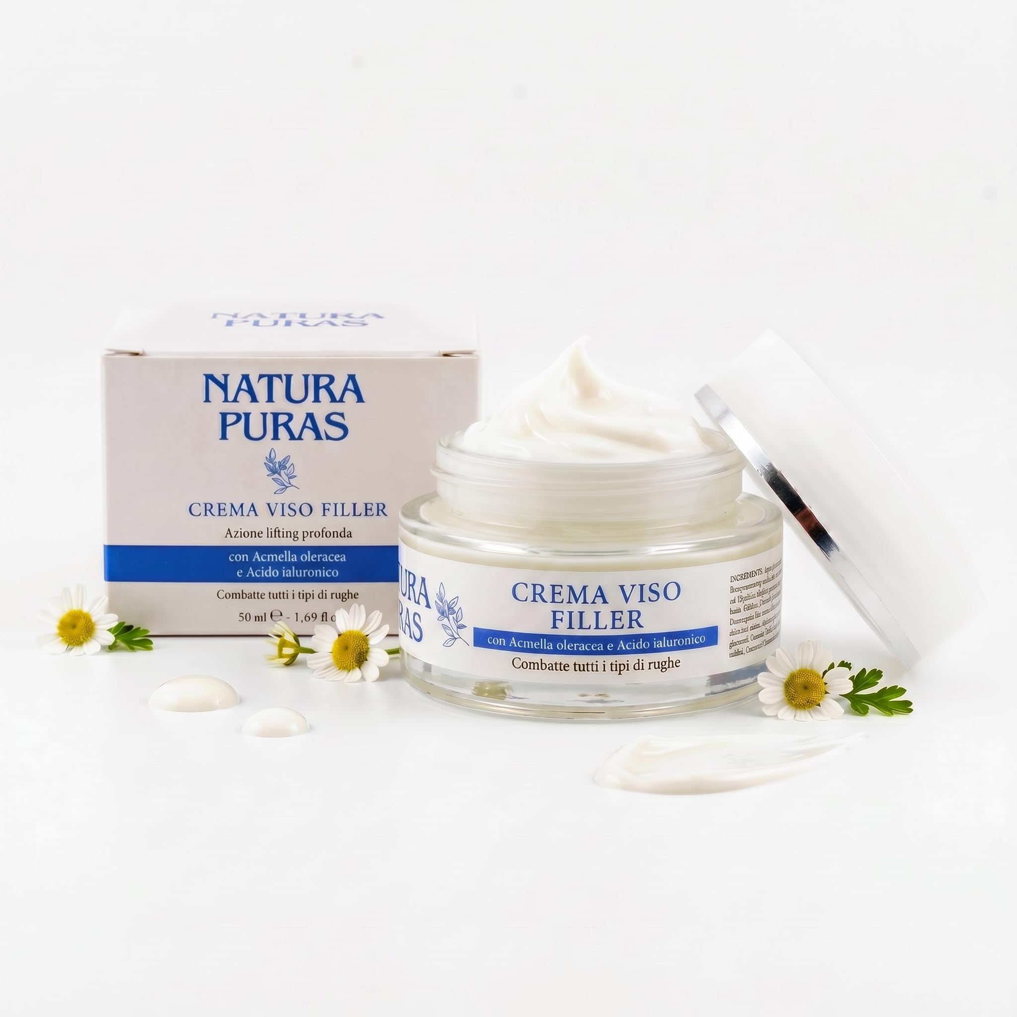 Crema Viso Antirughe Effetto Filler e Lifting, 50ml NaturaPuras | Triplo Acido Ialuronico Multipeso, Acmella Oleracea e Caffeina, Rimpolpante, Per Pelle Matura Over 40 e Over 50