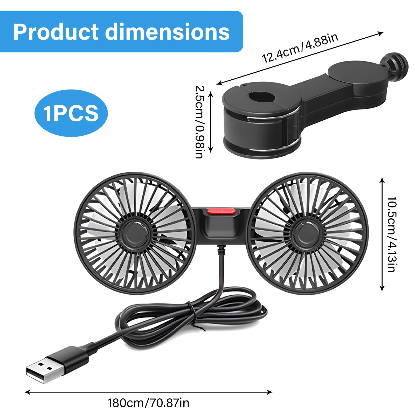 Ventilatore auto doppia testa con USB e batteria, 360° girevole, 3 velocità, silenzioso, ventilatore portatile, ventola usb scrivania, ventilatore da tavolo, alternativa a aria condizionata portatile