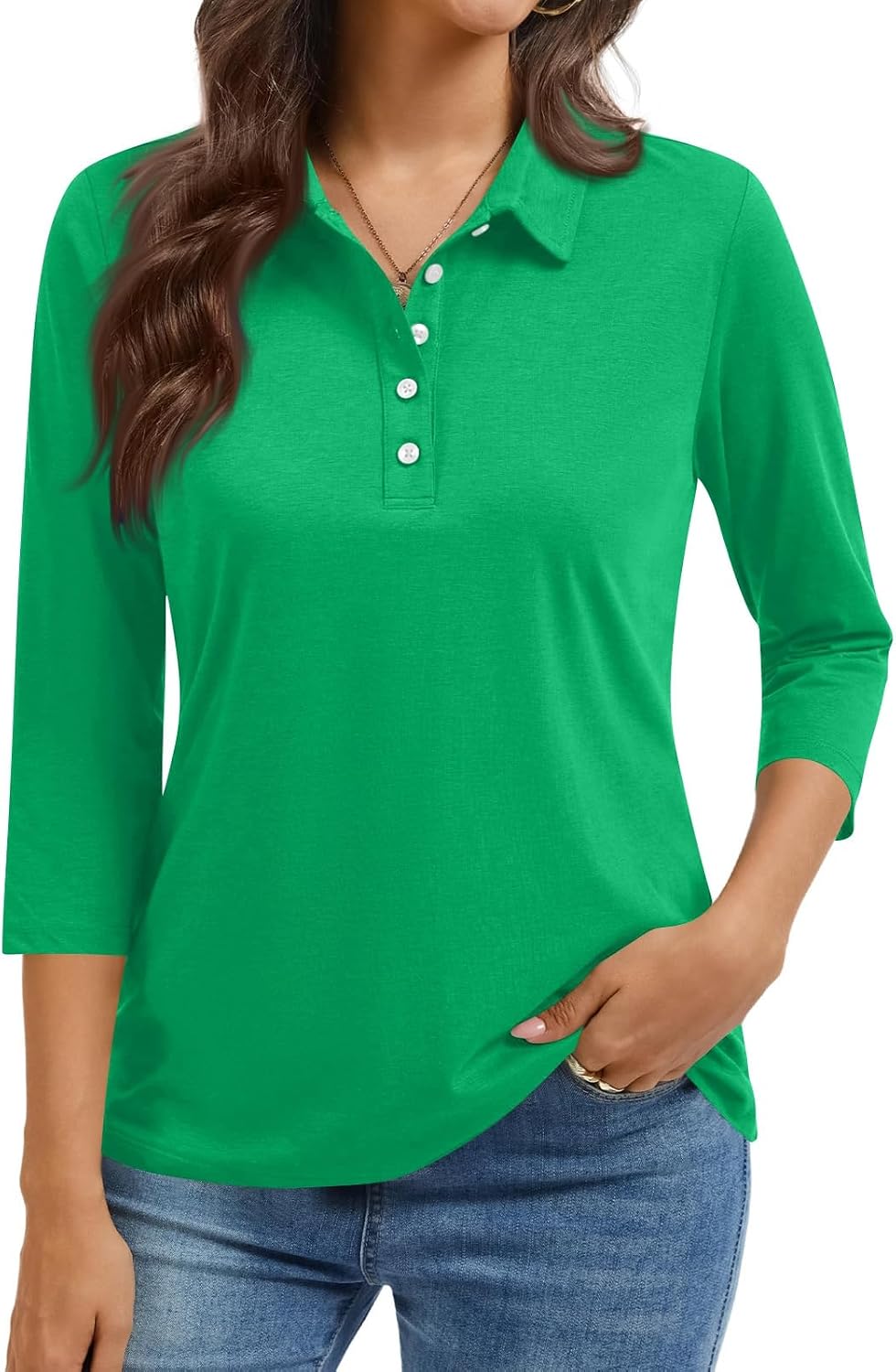 Women Polo Shirt 3/4 Length Sleeve Solid Color Lapel Collar Lightweight Shirts Casual Loose Business Work Blouses