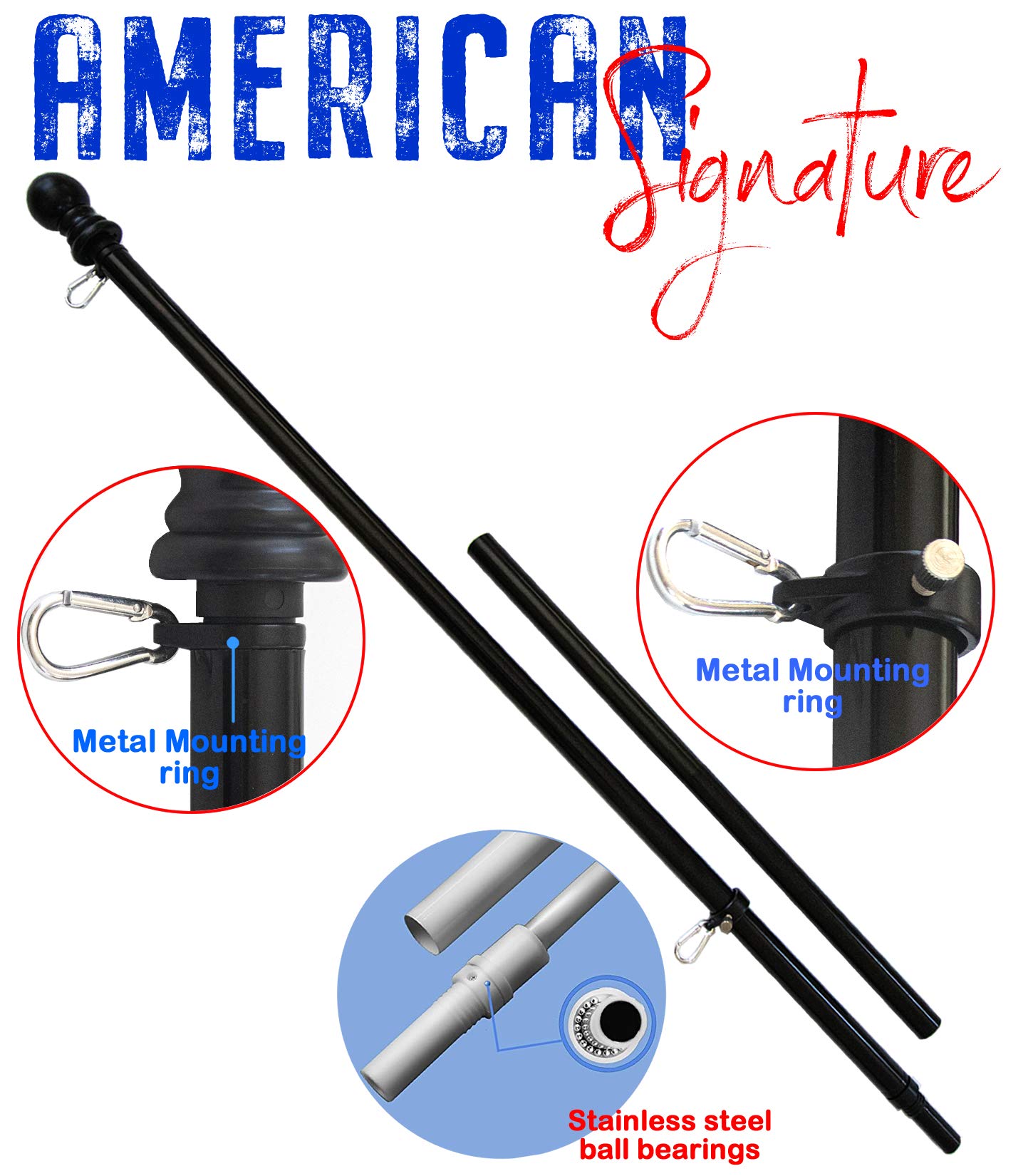 Heavy-Duty Aluminum Tangle Free Spinning 5 Foot Flag Pole with Metal Mounting Rings - Outdoor Wall Mount Flagpole for Residential Commercial (5' Black)