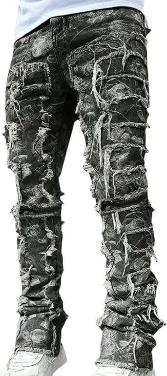 YEOU Mens Stacked Skinny Jeans - Y2K Harajuku Style Ripped Denim Pants with High Waist