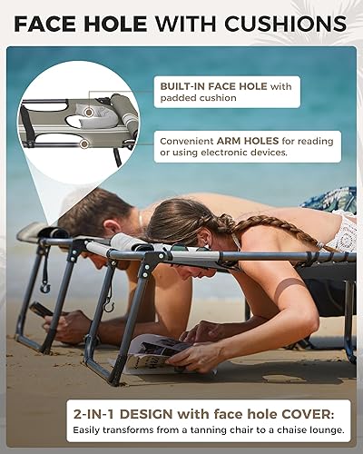 Miniatura 4 de KingCamp Silla de bronceado con agujero facial, sillas de descanso plegables para exteriores, portátil, cómoda, ajustable, 5 posiciones, plana,