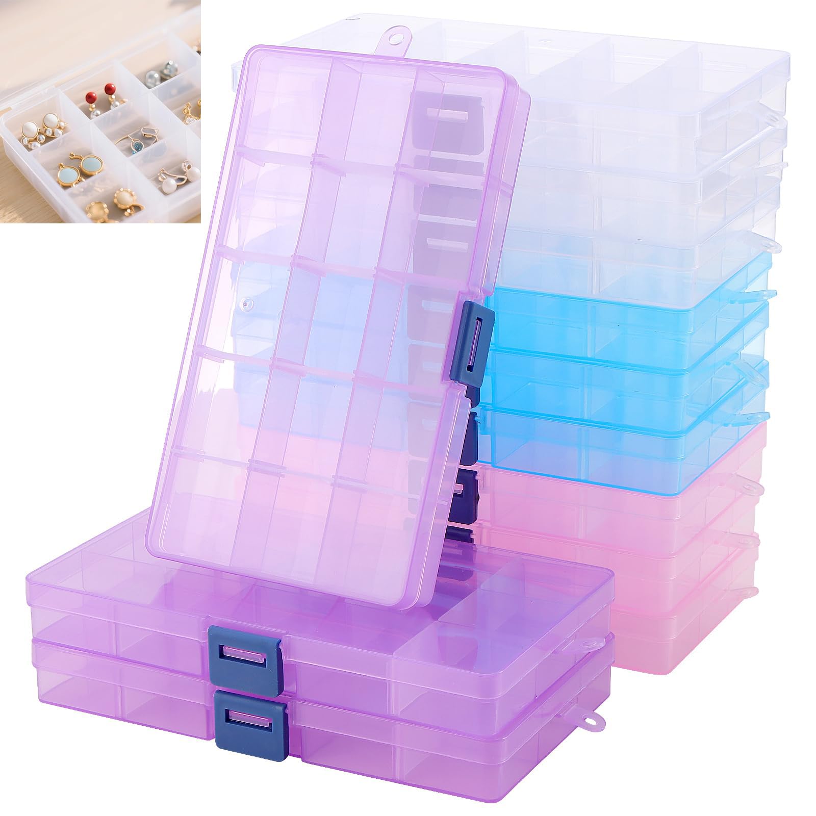 SENJEOK 12PCS 4 Colors Plastic Bead Storage Box, 15 Girds Jewelry Organiser Box with Dividers Compartments for Beads, Earrings, Crafts