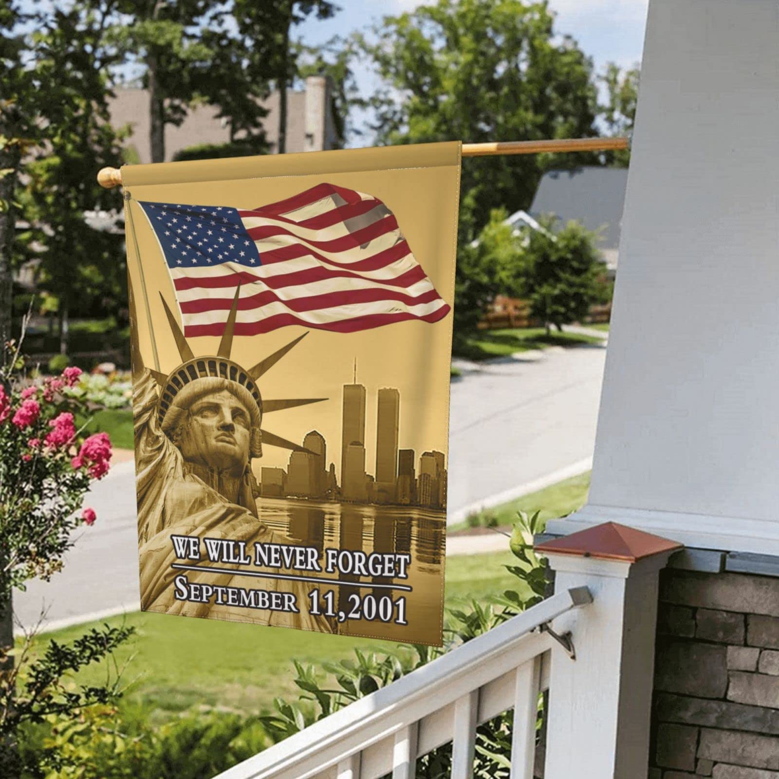 We Will Never Forget 9-11 flaga ogrodowa 60 cm x 100 cm dwustronna trwała odporna na blaknięcie flaga na zewnątrz podwórko ganek trawnik dekoracja domu flaga banery