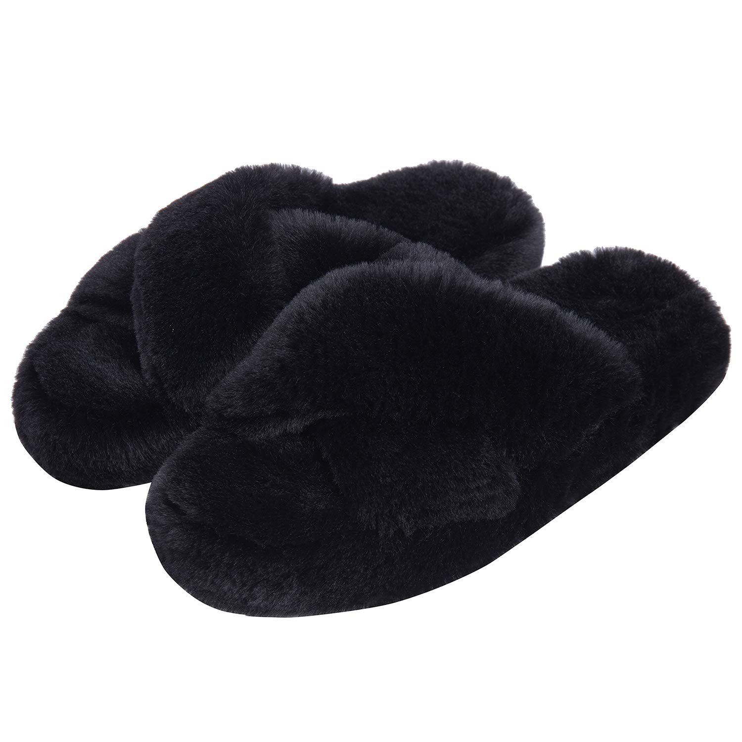 DL Fluffy Womens House Slippers Cross Band Open Toe, Soft Plush Fleece Bedroom Slippers Women Memory Foam, Comfy Fuzzy Slip On Non-Slip Womens