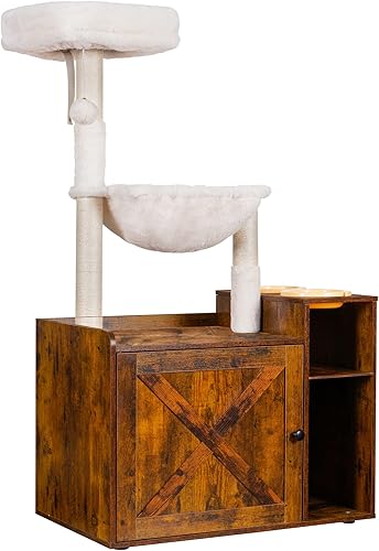 Miniatura 9 de Hey-brother Árbol para gatos con recinto para caja de arena, torre moderna para gatos de interior con plataforma grande, condominio con estación