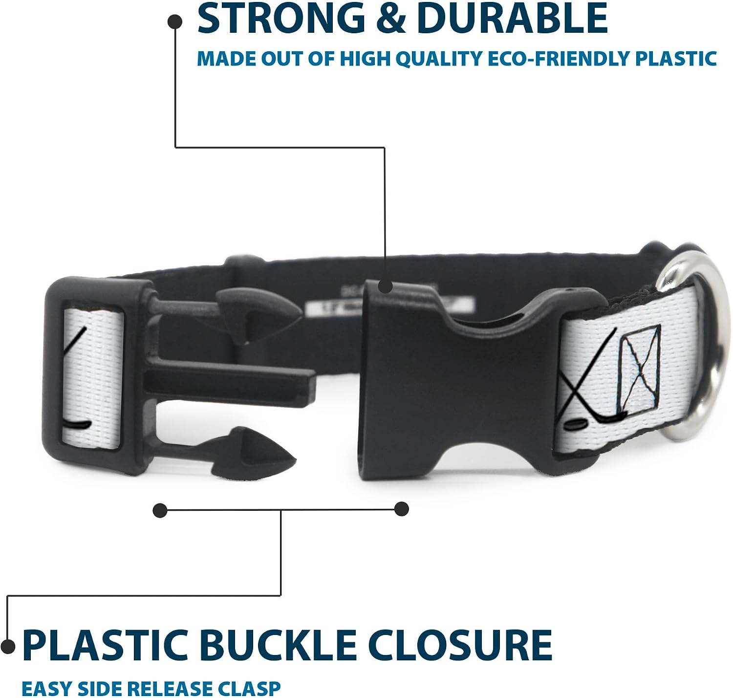 Buckle-Down Dog Collar Plastic Clip Hockey Sticks and Puck White Black 16 to 23 Inches 1.5 Inch Wide