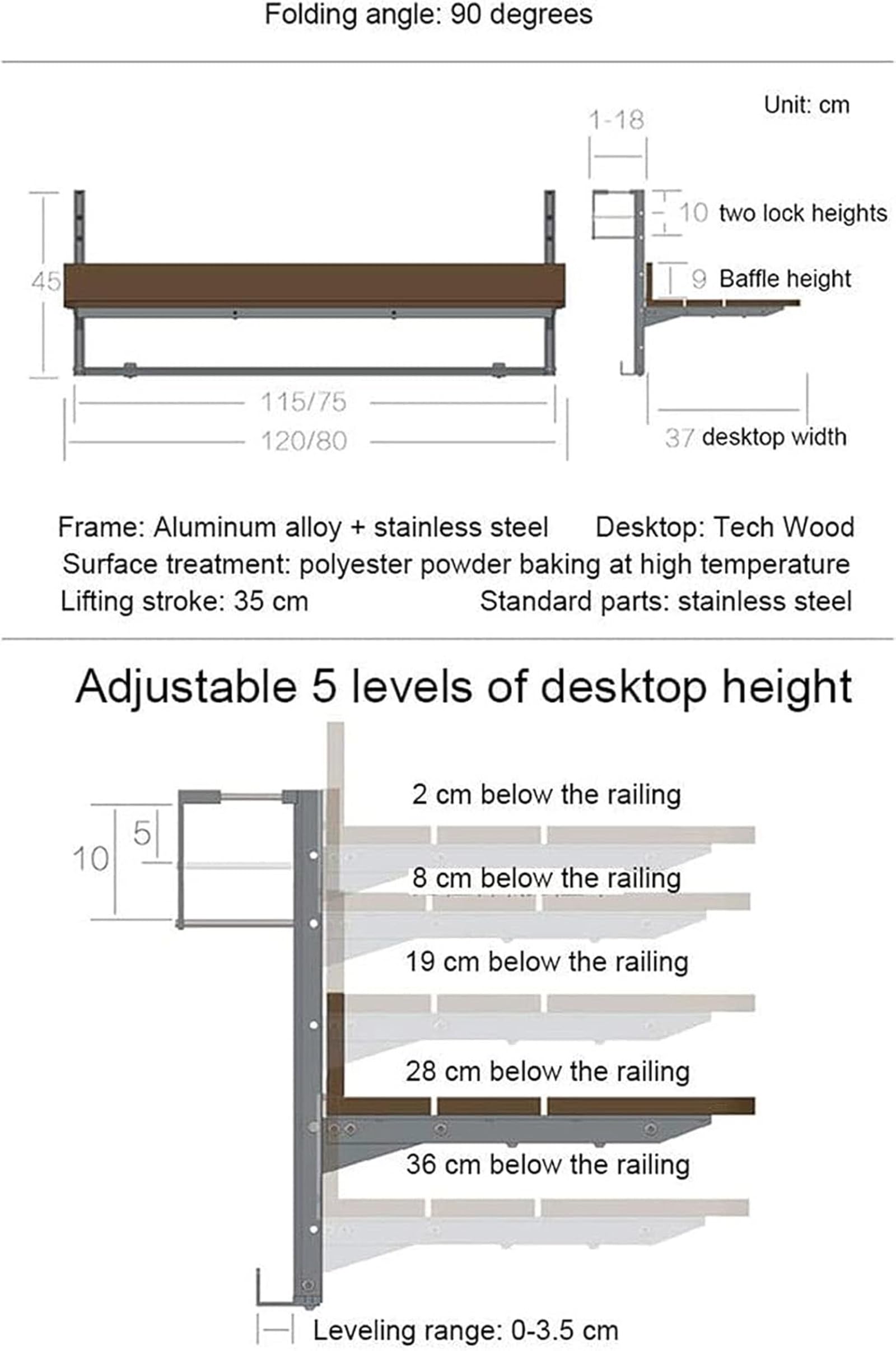 Table de bar de balcon pour balustrades,table de bar d'extérieur,bureau de balcon,bureau pliant créatif,hauteur réglable, bureau extensible de comptoir, pour patio,60 * 37cm/23.6 * 14.56inch