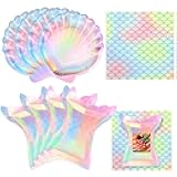 Gersoniel 40 Pcs Iridescent Mermaid Party Supplies Set, 20 Clam Shell Plates and 20 Mermaid Scales Napkins Party Decorations Disposable Paper Plates and Napkins Seashell for Birthday (Shell,Mermaid)