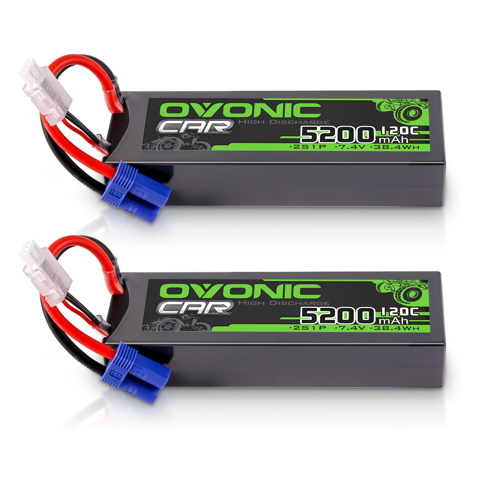 OVONIC Batteria Lipo da 2 s, 7,4 V, 5200 mAh, 120 C, con spina EC5, per auto RC, Truggy, quadricottero, elicottero, camion, barca, aereo (2 pezzi)