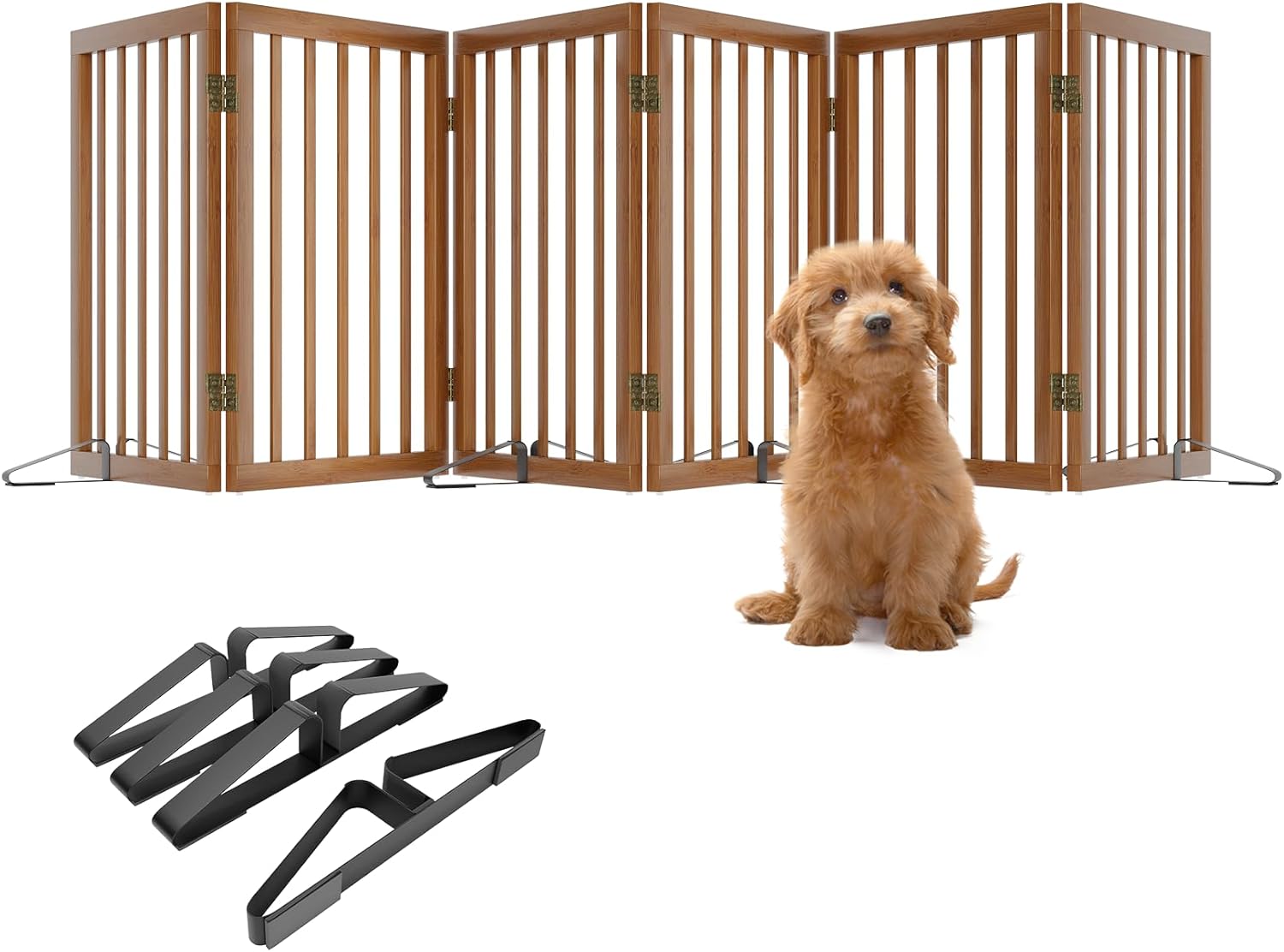 Freestanding Pet Gate Foldable Dog Gate (110 inches Wide) Walnut Bamboo Dog Gates for Stair Doorways House Puppy Fences Indoor (4 Support Feet Included) Walnut 6 Panel - 110 inches Wide