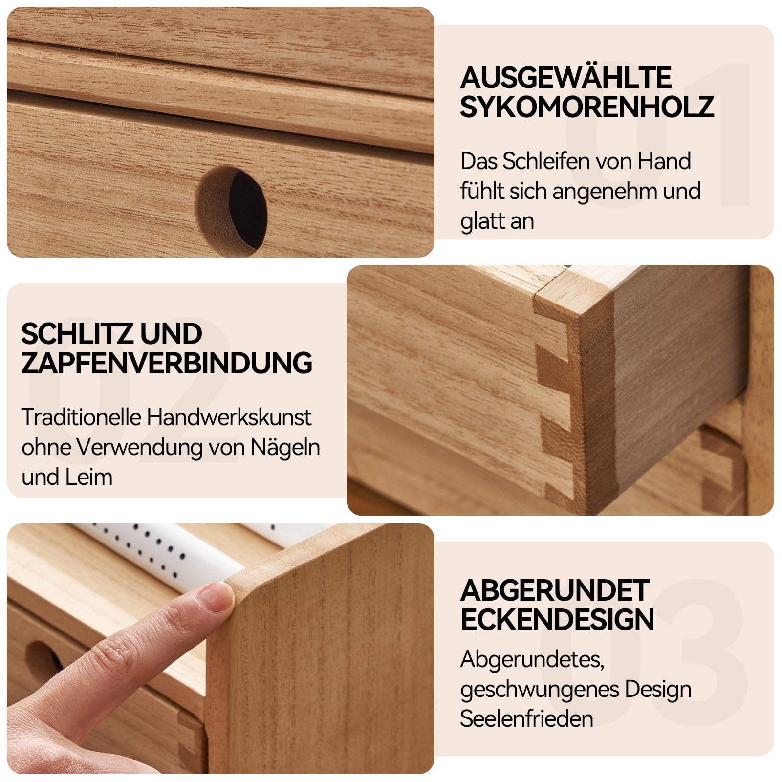 KIRIGEN Schubladenbox Holz, Schreibtisch-Organizer, A4-Fach, Natur | 35 x 27 x 16,7 cm, 3 Schubladen, Ablagefach, Massivholz, handgefertigt, fertig montiert, Zapfenverbindungen, Pflanzenöl