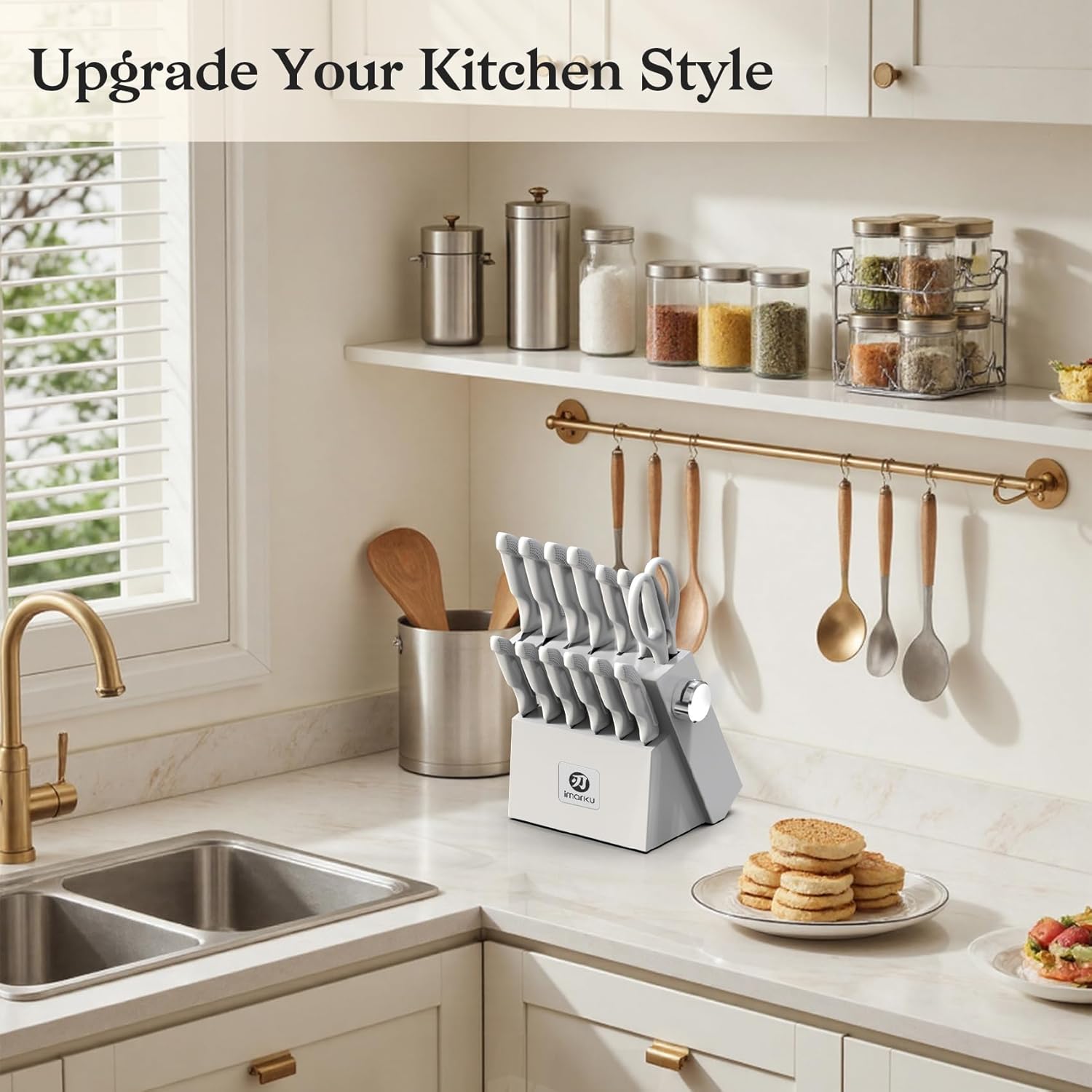 imarku Kitchen Knife Set, Japanese Knives Set for Kitchen, Stainless Steel Knife Set with Block, Kitchen Gadgets, White, Anti-Slip Handle, Dishwasher Safe, Gift for Women