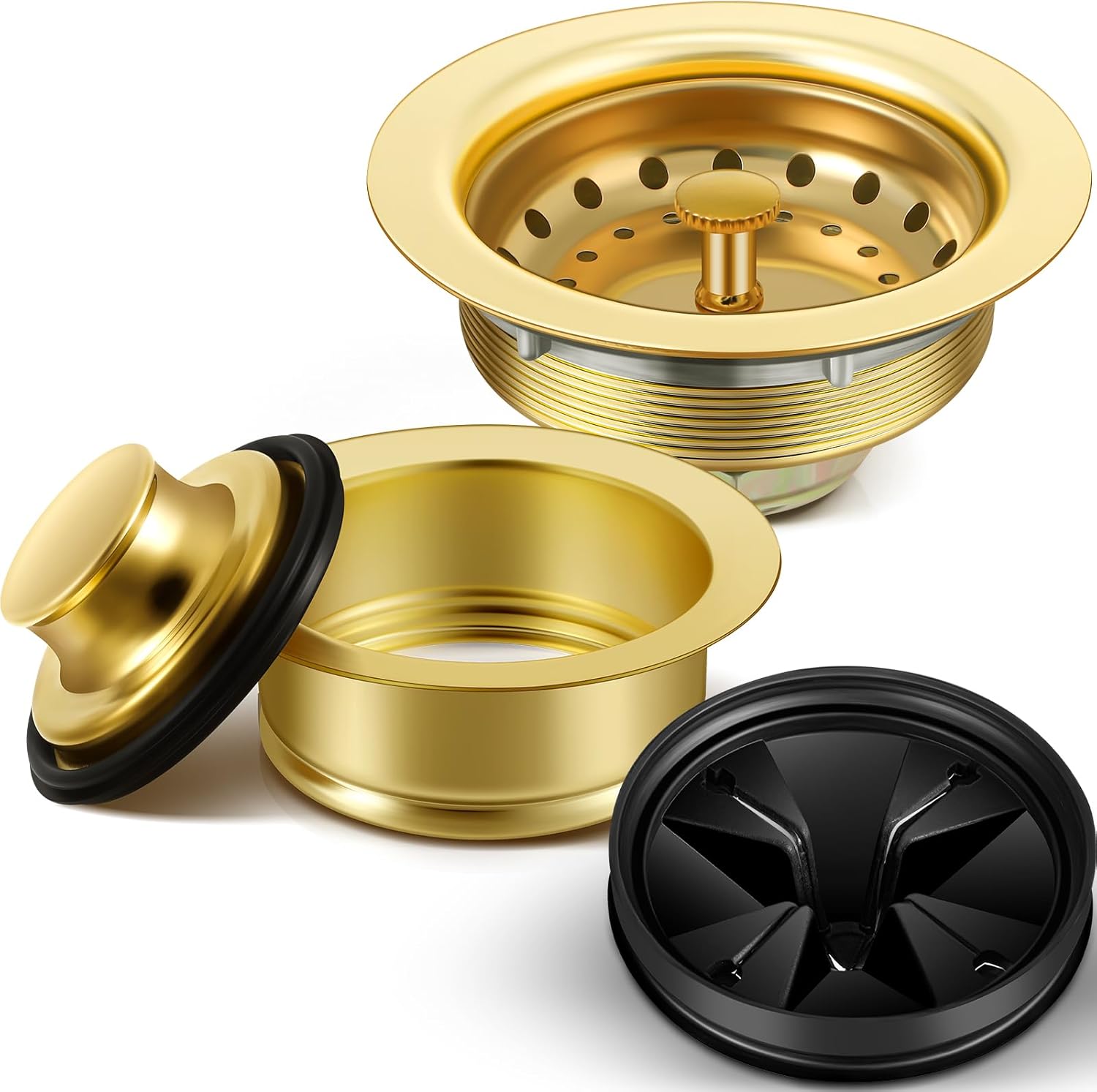 Norme 5 Pcs 3-1/2 Inch Kitchen Sink Drain Strainer Assembly Garbage Disposal Flange Stopper Plug Garbage Disposal Splash Guard Stainless Steel Sink Drain Strainer Replacement Kit(Gold)