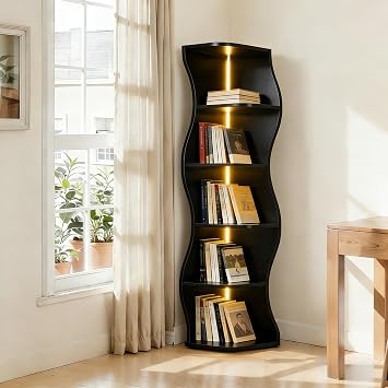 VECELO Wavy Corner Shelf with LED Light, Decorative 6-Tier Corner Display Bookshelf, 59.3" Tall Storage Organizer for Small Spaces, Living Room or Bedroom, Black