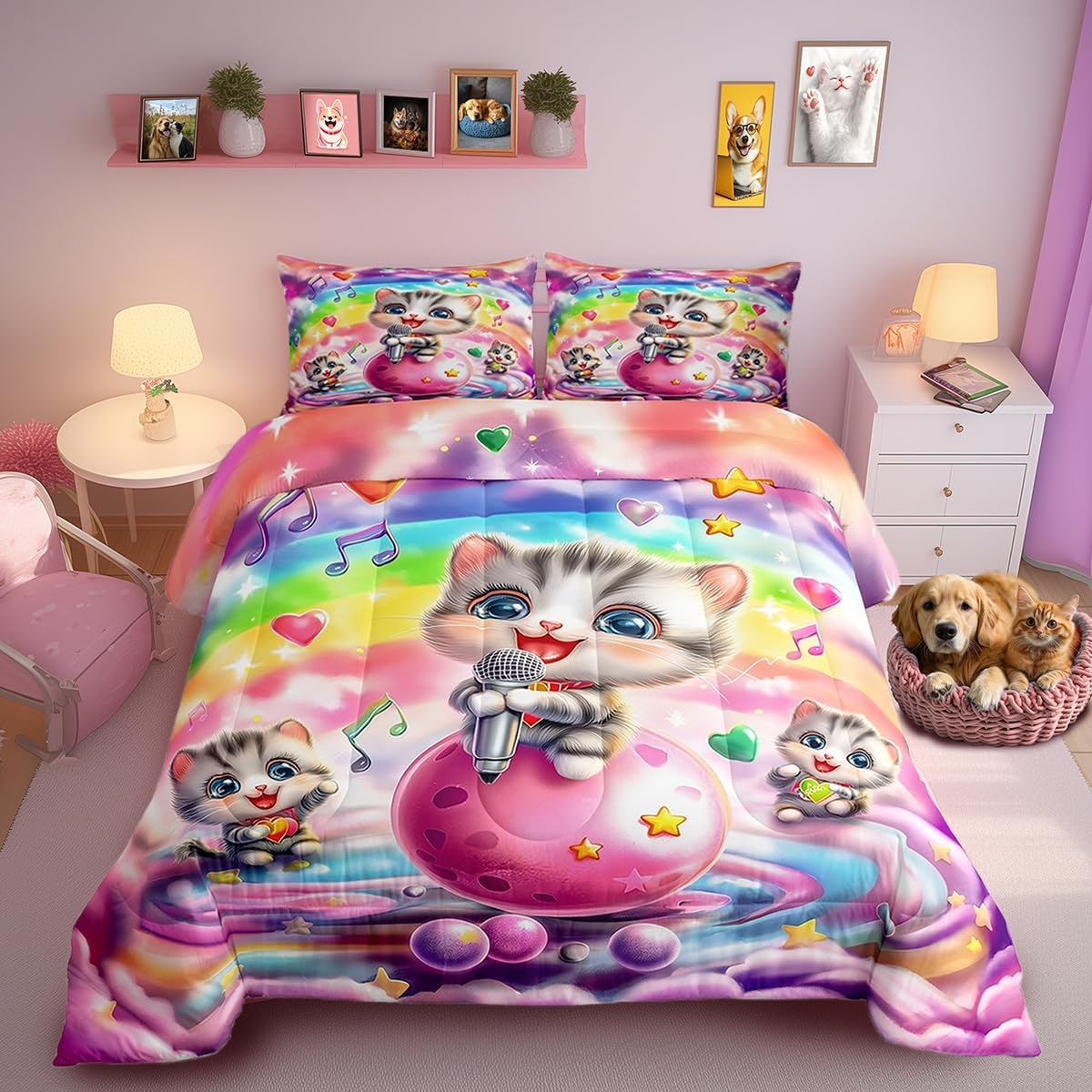 Cartoon Cat Comforter Set Queen Size Colorful Musical Notes Bedding Set Kids Boys Girls Dreamy Rainbow Nebula Planets All Season Quilt Set Kawaii Singing Animal Bedding Comforter Sets,3Pcs