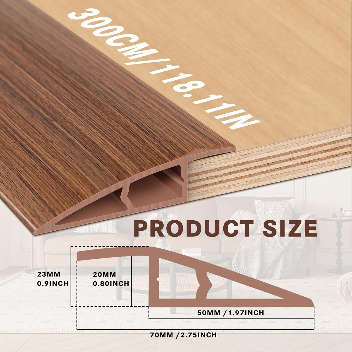 Flooring Transition Strip 9.8Ft/118 Inches, Vinyl Door Transition Strips Self Adhesive Edge Trim for Doorways Uneven Floors Carpet to Tile & Wood Floor Divider Threshold Strip Laminate Flooring