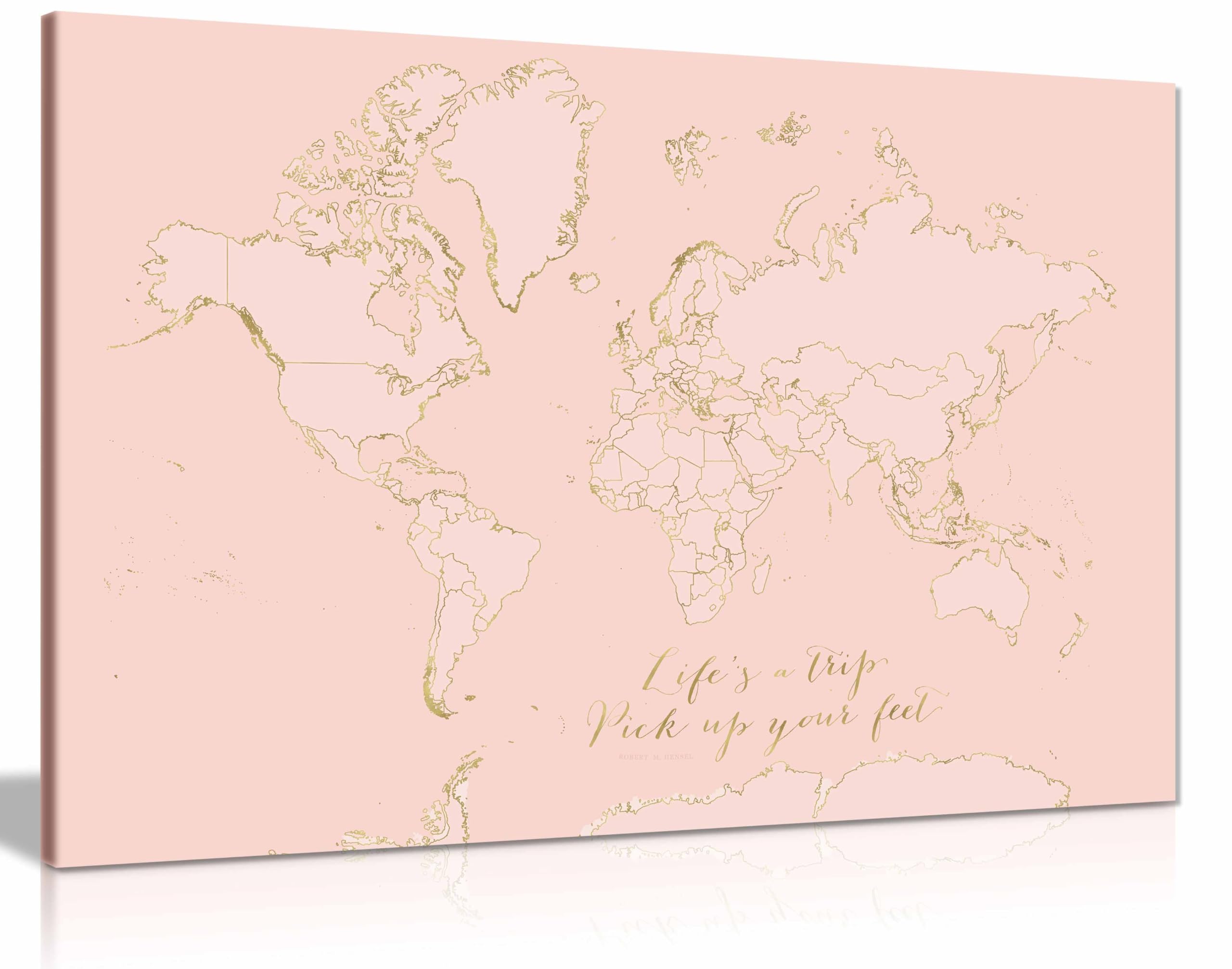 Panther Print Framed Canvas Inspirational Pink And Gold World Map Canvas Print, Framed Wall Art Pictures For Home Decor 76X51cm (30X20in)