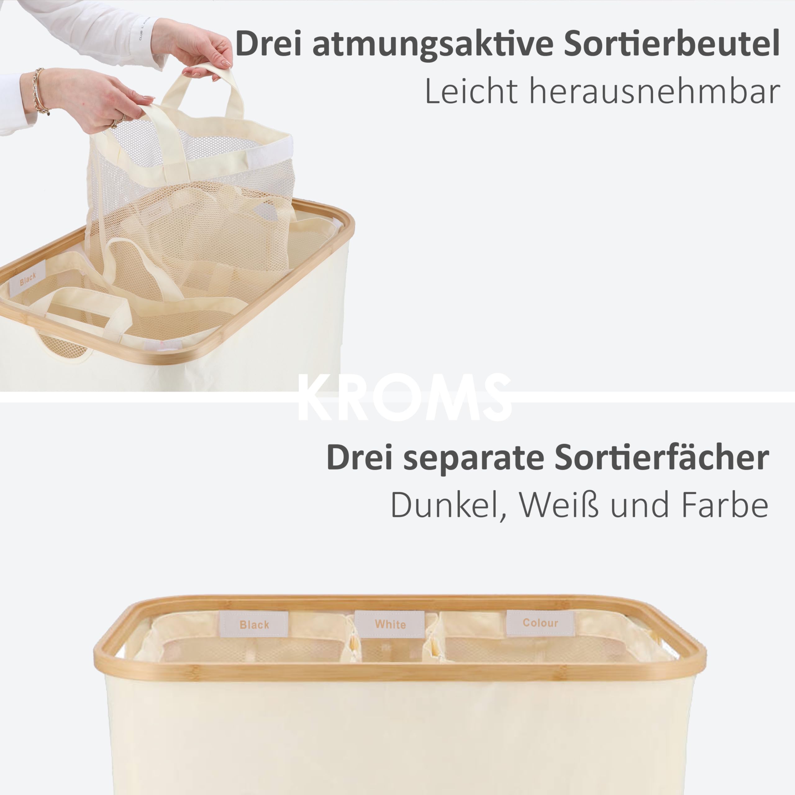Wäschekorb mit Deckel 145L - Beige - Wäschekorb 3 Fächer - Wäschesortierer 3 Fächer - Korb mit Deckel