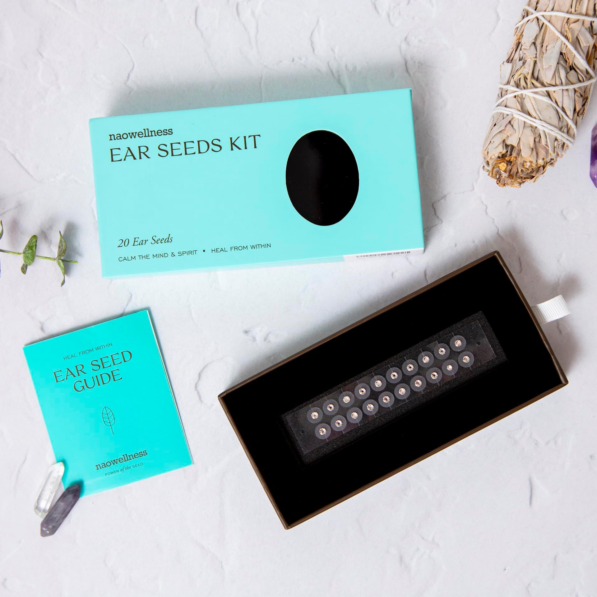 NAO Wellness Crystal Ear Seeds- Auriculotherapy Seeds Self-Care Acupressure Beads with 40+ Solutions – 20 Ear Seeds Acupuncture Kit – Suitable for Adults and Kids (Swarovski)