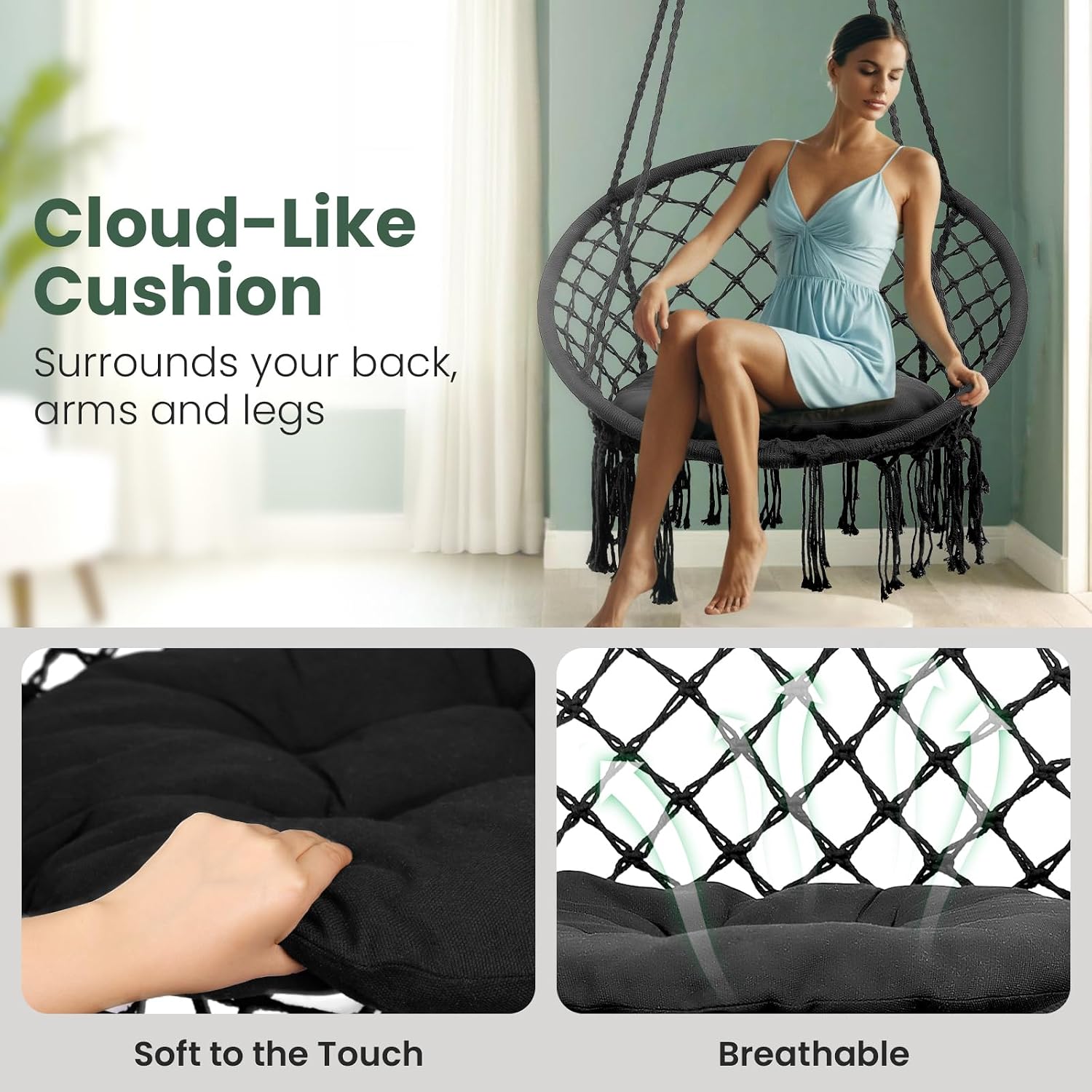 Macrame Hammock Hanging Swing Chair, Bohemian Style Hammock Chair with Cushion, 330lbs Capacity Cotton Swing Chair Perfect for Indoor/Outdoor/Bedroom/Deck/Yard (Black)