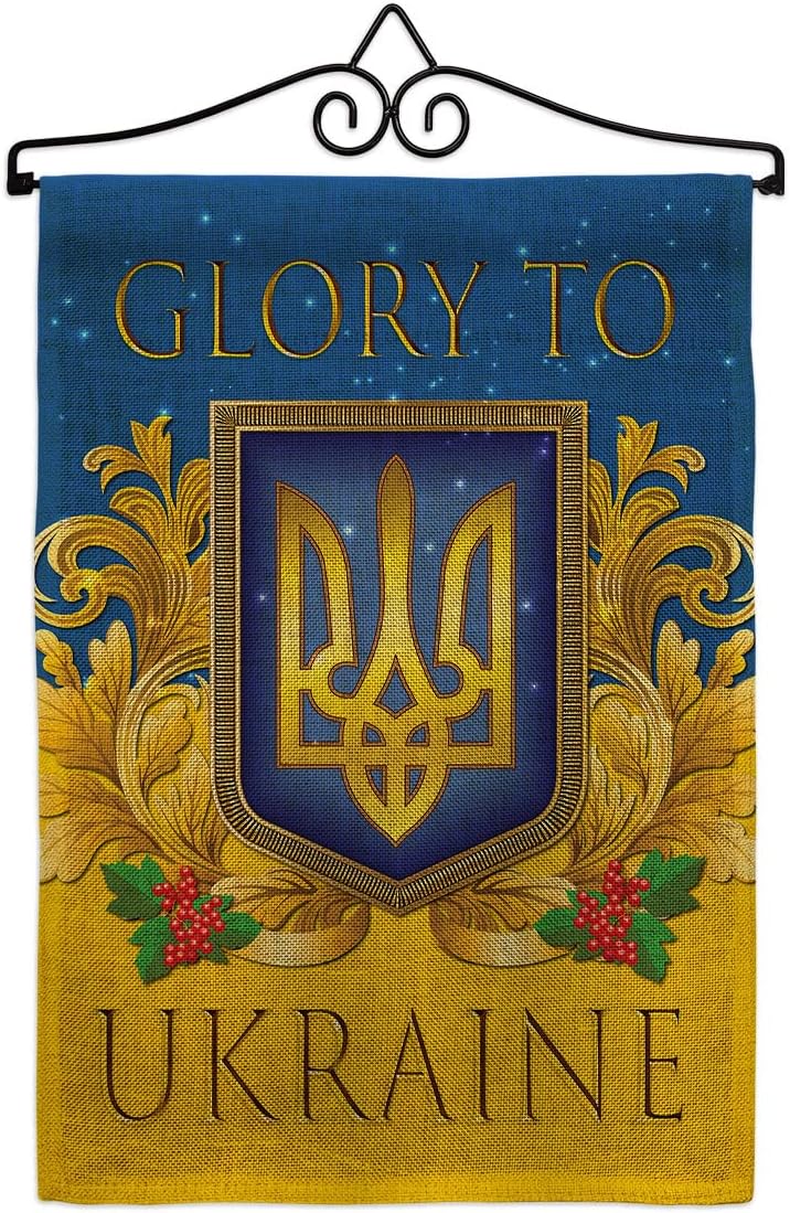 Glory to Ukraine Garden Flag Set Wall Holder Support Cause Stand with Ukrainian Small Decorative Gift Yard House Banner Double-Sided Made in USA 13 X 18.5