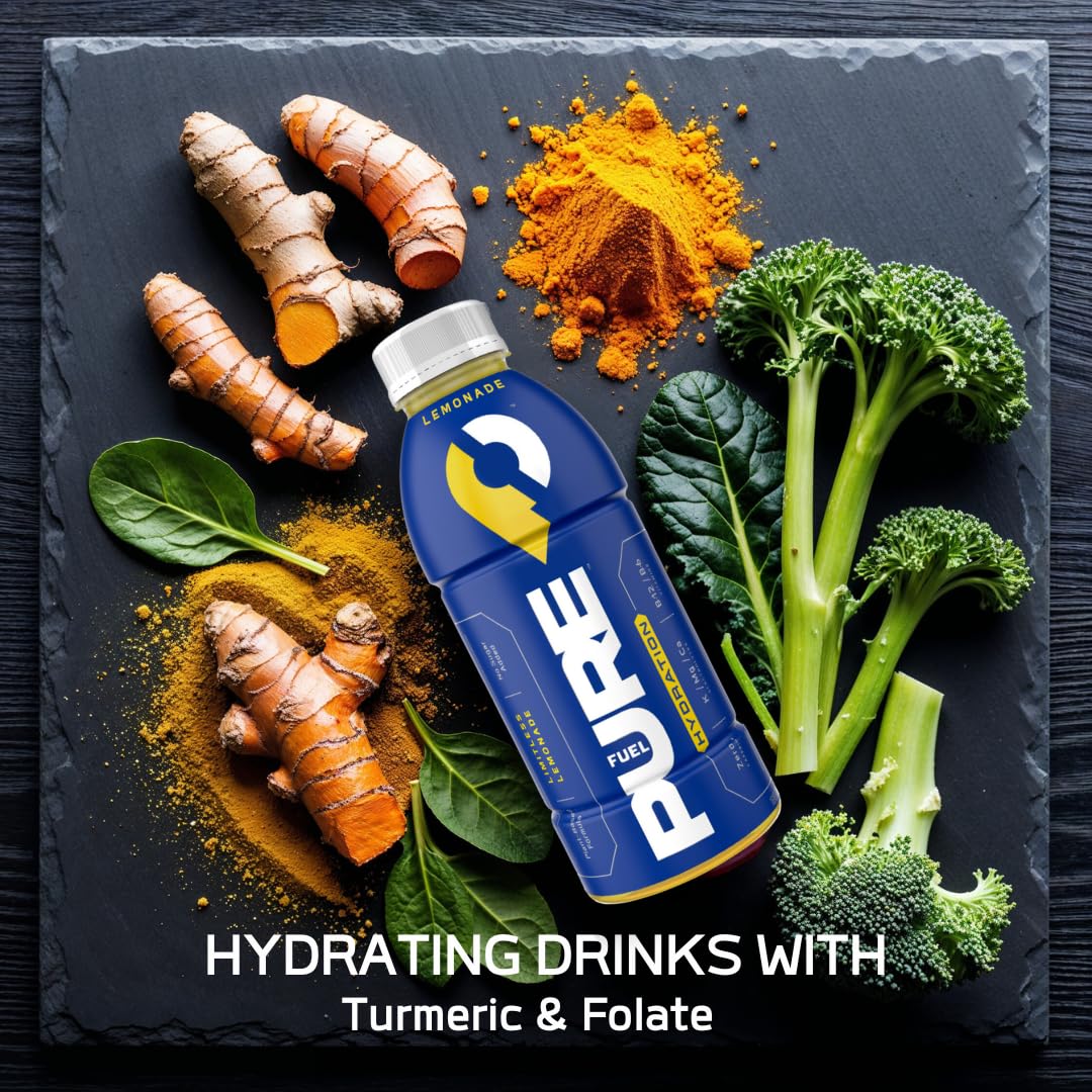 Pure Fuel Hydration Drinks Limitless Lemonade - Plant-Based Healthy Electrolyte Drinks with B-Vitamins - No Added Sugar - 12 Pack x 16.9 fl oz Bottles