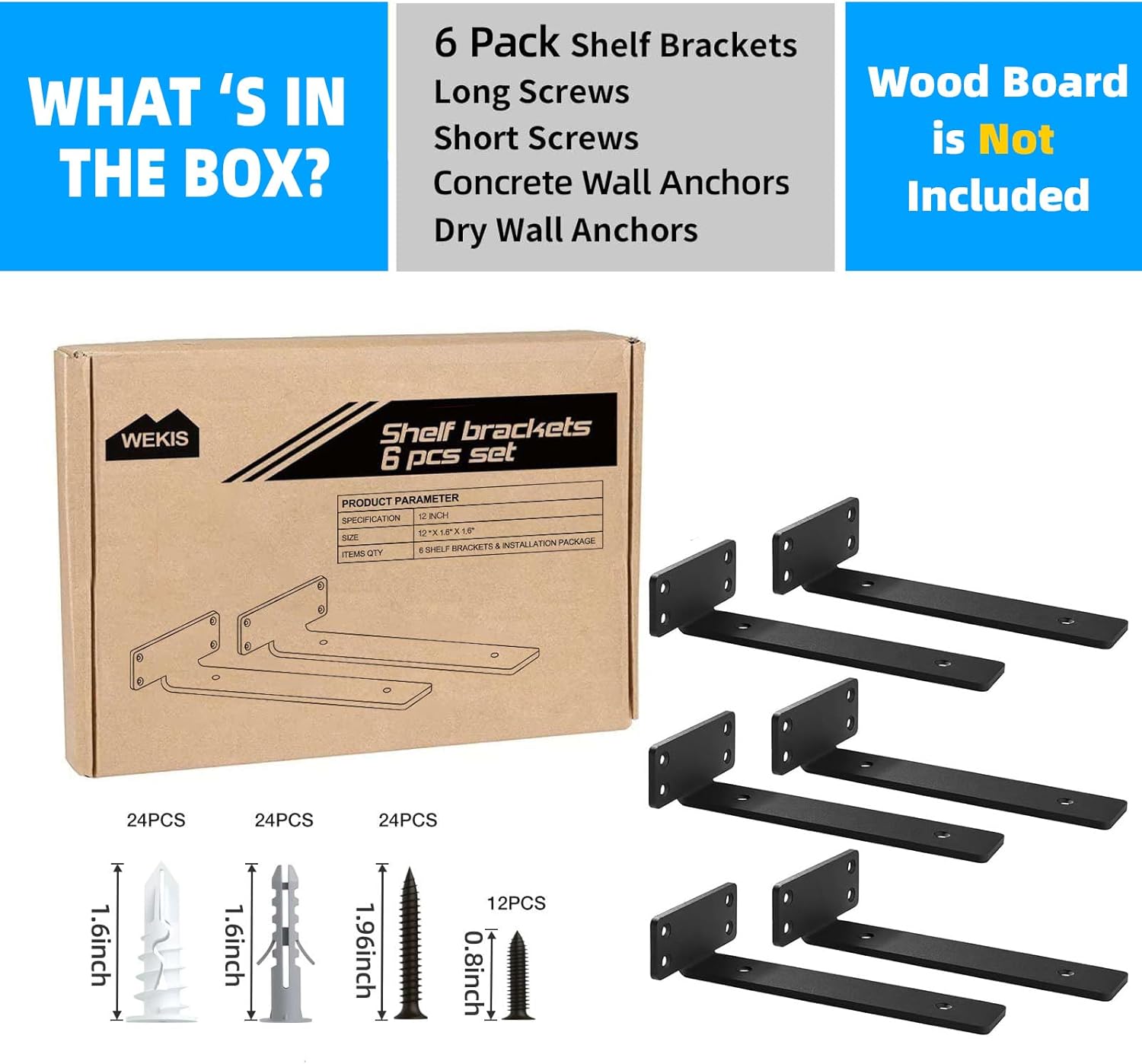Shelf Brackets Floating Shlef Brackets 12-Inch 6-Packs, 1/5-Inch Thick Heavy Duty Shelving Brackets for Wood Shelves, 12" Hidden Black Metal L Bracket Shelf Bracket Supports with 160 Lbs Load Capacity