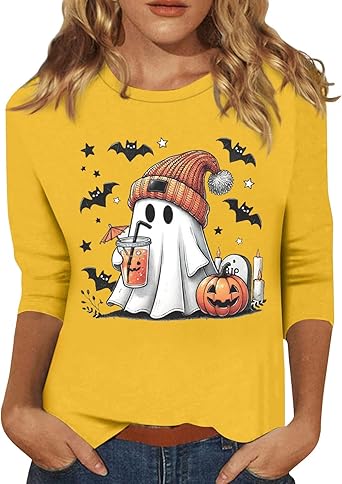 Halloween Shirts for Women 3/4 Sleeve Plus Size Crewneck Loose Fit Cute T Shirt Halloween Costumes for Women 2025