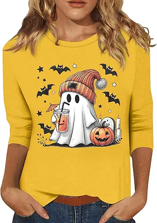 Halloween Shirts for Women 3/4 Sleeve Plus Size Crewneck Loose Fit Cute T Shirt Halloween Costumes for Women 2025