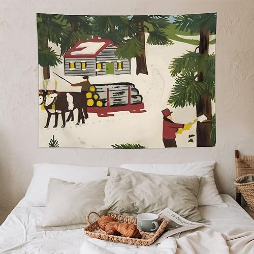Miniatura 7 de JITENG Tapiz decorativo de poliéster para pared de invierno de Maud Lewis, para dormitorio, impresión moderna para el hogar, obras de arte, tapices,