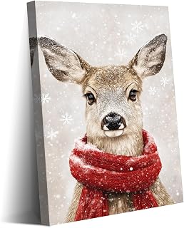 Landada Christmas Reindeer Canvas Wall Art, Winter Little Deer Art Print Christmas-Themed Animal Painting Artwork, Suitable for Living Room, Bedroom, Hallway Home Decor, Holiday Gift 24x32 Inch