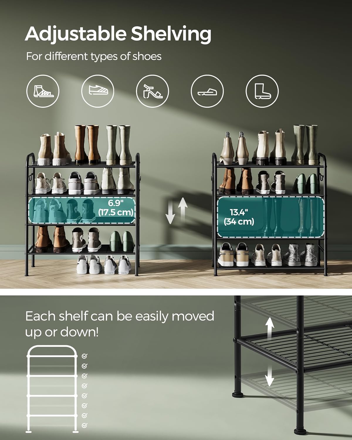 SONGMICS Shoe Rack, 4-Tier Shoe Organizer, Metal Shoe Shelf Storage with 4 Side Hooks, Holds 16 Pairs of Shoes, Height-Adjustable Shoe Rack for Entryway, Hallway, Closet, Ink Black ULMR069B01