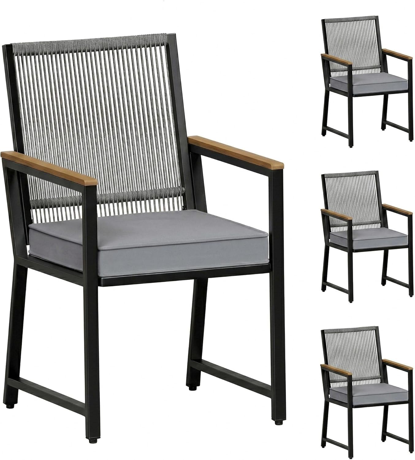 LIFERUN Rattan Garden Chairs Set of 4 with 7 cm Removable Cushions, Outdoor Garden Dining Chairs with PE Rattan Back, Rust-Proof Metal Frame & WPC Armrests, Patio Chairs for Balcony Garden, Dark Grey